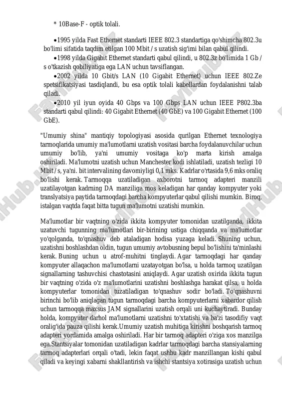 ab chiqish bilan shug'ullanadi. uning mavjudligi davomida juda ko'p standartlar paydo bo'ldi. ular orasida eng mashhurlari 10base-5, 10base-2, 10base-t, 100base-tx, 1000base-x standartlaridir. jismoniy uzatish vositasiga qarab, ieee 802.3 jismoniy tarmoqda lanni amalga oshirish uchun turli xil variantlarni taqdim etadi. daraja: * 10base-5 - qalin koaksiyal kabel; * 10base-2 - yupqa koaksiyal kabel; * 10base-t - o'ralgan juftlik; * 10base-f - optik tolali. • 1995 yilda fast ethernet standarti ieee 802.3 standartiga qo'shimcha 802.3u bo'limi sifatida taqdim etilgan 100 mbit / s uzatish sig'imi bilan qabul qilindi. • 1998 yilda gigabit ethernet standarti qabul qilindi, u 802.3z bo'limida 1 gb / s o'tkazish qobiliyatiga ega lan uchun tavsiflangan. • 2002 yilda 10 gbit/s lan (10 gigabit ethernet) uchun ieee 802.ze spetsifikatsiyasi tasdiqlandi, bu esa optik tolali kabellardan foydalanishni talab qiladi. • 2010 yil iyun oyida 40 gbps va 100 gbps lan uchun ieee p802.3ba standarti qabul qilindi: 40 gigabit ethernet (40 …