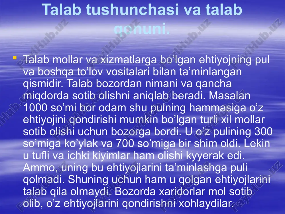 u molning o’rnini bosuvchi, ammo bahosi arzonroq, ya’ni uning o’rnini bosa oladigan molni xarid qiladi. bunday holda o’rindoshlik samarasi yuzaga keladi. daromad (byudjeti) samarasi va o’rindoshlik samarasi kabi tushunchalarning mavjudligi iste’molchilarni mollarni arzon baholarda ko’proq sotib olishga undaydi. ammo sotib olinadigan mollar miqdoriga, ya’ni talab hajmiga, baho bilan bog’liq bo’lmagan boshqa omillar ham mavjuddir. bunday omillar bo’lib, iste’molchilarning didlari va ularning o’zgarib turishi, xaridor soni, iste’molchilarning daromadlari, kelajakda baholar va daromadlarning o’zgarishi, o’rindosh mollarning ko’payishi kabilar hisoblanadi. umuman, talabni bahoning o’zgarishiga qo’arab o’zgarib turishini egiluvchanlik deb ataluvchi tushuncha yordamida bilish osonroqdir. egiluvchanlik – bir o’zgaruvchi miqdor (talab)ning bosh o’zgaruvchi miqdor (baho) o’zgarishiga javoban o’zgarishidir. bunday o’zgarishning o’lchovi bo’lib talabni egiluvchanligi koeffitsenti xizmat qiladi. bahosi har qancha o’zgargan holda, u mol miqdoriga bo’lgan talabning o’zgarmay doimiy qolishini grafik usul tasvirlasak, bunda talab egri chizig’i tik bo’ladi va talab bahosiga nisbatan mutlaqo noegiluvchandir. agar mollarga bo’lgan talab baho o’zgarishiga bog’liq bo’lmasa, u …
