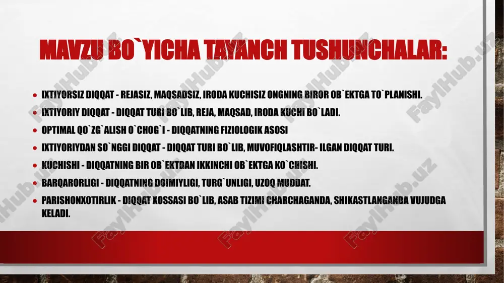 ing xossalari bog‘liq. lekin ixtiyoriy diqqatda bularning ko‘rsatadigan ta’siri bevosita emas, aksincha, bilvositadir. diqqtning xususiyatlari diqqatning o`ziga xos xususiyatlariga uning kuchi va barqarorligi, bo`linishi, kulami, parishonxotirlik, taqsimlanishi kabilar kiradi. diqqatning o`ziga xos xususiyatlariga uning kuchi va barqarorligi, bo`linishi, kulami, parishonxotirlik, taqsimlanishi kabilar kiradi. biz ma`lum vaqt oralig`idagi diqqat to`lqini haqida gapirishimiz mumkinmi? ayrim tadqiqotchilar diqqatning davomiyligini sof biologik ritmlar bilan cheklashga intilganlar. ular diqqatni tebranishi deb, atalishi xususiyatini diqqatning biologik ritmiga kiritganlar. diqqatning tebranish xususiyati, odatda bilinar- bilinmas qo`zg`atuvchilar orqali o`rganiladi. diqqatning xususiyatlari ma`lum bo`lishicha, diqqat tebranishining davomiyligi unchalik katta bo`lmay 1,5sekunddan 2,6 sekundgacha etadi. bu hol diqqat tebranishining asosini biologik jarayonlari tashqil etishini ko`rsatuvchi bir dalil bo`ladi. diqqatimizni uzoq vaqt davomida biror harakatsiz o`zgarmas ob`ekt ustida to`plashga imkoniyatimiz bo`lmasa ham, to`qnash keladigan ob`ektning o`zgarishi va harakatchanligi bilan bo`lgan qandaydir bir faoliyatni bajarish ustida diqqatimizni uzoq vaqt saqlay olmaymiz. diqqatning xususiyatlari diqqatning barqarorligi uchun bajarilayotgan faoliyatning jadalligi nihoyatda katta ahamiyatga …