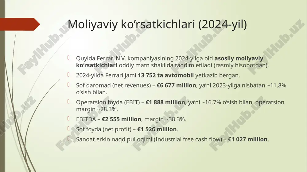 g asosiy raqobatchilari — lamborghini, mclaren, porsche va aston martin. ferrari bozorda hashamatli sport avtomobillar segmentida yetakchilik qiladi. kompaniya mahsulotlarini asosan yevropa, aqsh va osiyo mamlakatlariga eksport qiladi. u o‘z brendini noyoblik, yuqori sifat va texnologik ustunlik orqali ajratib turadi. xulosa: ferrari — bu oligopolistik, premium va eksklyuziv bozorda harakat qiluvchi, raqobatda yetakchi kompaniya. bozor segmentlari ferrari o‘z faoliyatini asosan hashamatli sport avtomobillar bozorida olib boradi. kompaniya mahsulotlarini dunyoning turli mintaqalarida sotadi va bozorini bir necha asosiy segmentlarga bo‘ladi. eng katta ulush yevropa, yaqin sharq va afrika (emea) mintaqasiga to‘g‘ri keladi — bu umumiy savdoning qariyb yarmi, ya’ni 45–50 foizini tashkil etadi. ikkinchi yirik bozor — amerika, asosan aqsh va kanada hisoblanadi. bu segment ferrari daromadining 25–30 foizini beradi. keyingi muhim segment — osiyo va tinch okeani mintaqasi, unga xitoy, yaponiya, janubiy koreya va singapur kiradi. bu hududda so‘nggi yillarda talab tez sur’atlarda oshib bormoqda, ulushi 20–25 foiz atrofida. qolgan …