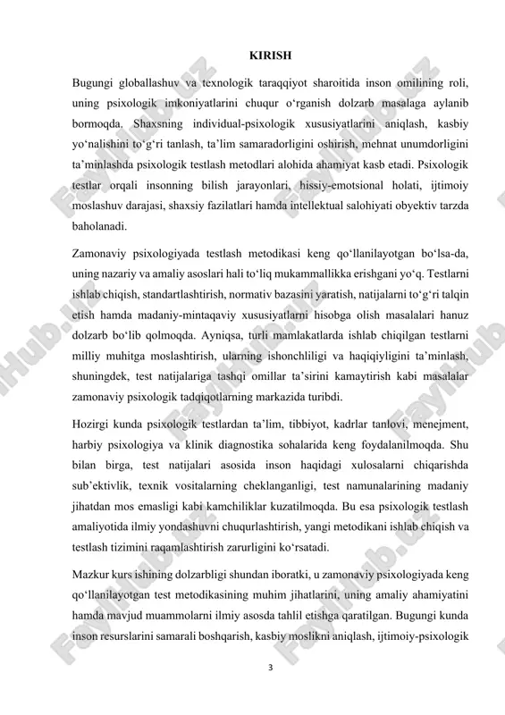 ik testlash metodikasining nazariy asoslarini yoritish; · test turlari va ularning amaliy qo‘llanish sohalarini o‘rganish; · zamonaviy testlash amaliyotida uchraydigan metodik xatoliklarni aniqlash; · test natijalariga ta’sir etuvchi omillarni tahlil qilish; · testlash tizimini takomillashtirish yo‘llarini asoslab berish. tadqiqotning obyekti – zamonaviy psixologik testlash jarayoni, predmeti – psixologik testlashda uchraydigan dolzarb muammolar va ularni hal etish yo‘llaridir. kurs ishining nazariy ahamiyati shundaki, u psixologik testlash metodikasining ilmiy-nazariy asoslarini chuqur o‘rganish imkonini beradi, testlar tuzilishi va qo‘llanilishidagi muhim metodologik yondashuvlarni aniqlaydi. amaliy ahamiyati esa testlash natijalarini yanada ishonchli qilish, milliy psixologik amaliyotga mos testlarni ishlab chiqish va raqamli testlash tizimini yaratish bo‘yicha takliflarni ilgari surish imkonini beradi. i.bob. psixologiyada test metodikasining nazariy asoslari 1.1. psixologik test tushunchasi, mazmuni va rivojlanish tarixi psixologik test — bu shaxsning individual-psixologik xususiyatlarini, aqliy salohiyatini, hissiy holatini, qobiliyatlarini yoki shaxsiy fazilatlarini o‘lchash va baholashga mo‘ljallangan standartlashtirilgan metodik vosita hisoblanadi. “test” so‘zi inglizcha “test” atamasidan olingan bo‘lib, …