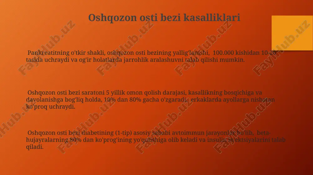 va gipofiz bezlaridan keladigan gonadotropinlar, masalan, fsh va lh kabi gormonlar tomonidan tartibga solinadi va bu jarayon murakkab endokrin o'zaro ta'sirlarni o'z ichiga oladi. jinsiy bezlar, gormonlarni, xususan, androgenlarni (erkaklarda testosteron) va estrogenlarni (ayollarda estradiol) ishlab chiqarishda muhim rol o'ynaydi, bu esa jinsiy rivojlanish va reproduktiv funksiyalarni tartibga soladi. qalqonsimon bez kasalliklari qalqonsimon bezning gipotireozida t3 va t4 gormonlari darajasi sezilarli darajada, taxminan 50% ga kamayadi, bu metabolizmning sekinlashishiga va bir qator alomatlarning rivojlanishiga olib keladi. avtoimmun kasalliklar, masalan, hashimoto tireoiditi, qalqonsimon bez kasalliklarining 70-80% gacha sabab bo'ladi va qalqonsimon bezning yallig'lanishiga olib keladi. qalqonsimon bezning gipertireozi bilan og'rigan bemorlarda yurak urishi tezlashadi, taxminan daqiqada 100 urishdan oshadi, va nerv tizimining qo'zg'aluchanligi kuchayadi. oshqozon osti bezi gormonlari oshqozon osti bezi, shuningdek, somatostatin kabi boshqa peptid gormonlarni ham, taxminan 1% miqdorida ishlab chiqaradi, ular insulin va glyukagon sekresiyasini inhibe qiladi. oshqozon osti bezi ikki turdagi hujayralar, a hujayralari va b hujayralari …