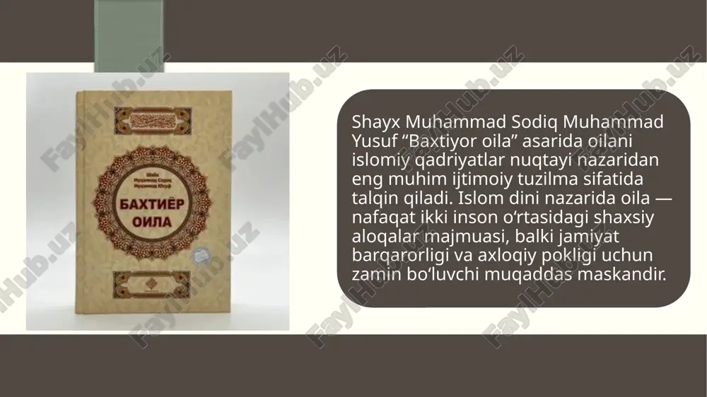tish. sadoqat va vafodorlik – sadoqat orqali mehrni mustahkamlash. hurmat va izzat – qarindosh-urug‘, ota-onaga va juftga nisbatan hurmatli bo‘lish. shayxning fikricha, bu fazilatlar oilani nafaqat saqlab qoladi, balki uni yillar davomida mustahkamlab boradi. moddiy emas, ma’naviy qadriyatlarga suyanish zamonaviy jamiyatda ko‘plab oilalar moddiy manfaatlar, tashqi ko‘rinish yoki obro‘-e’tibor asosida tuzilmoqda. bunday oilalarda baraka kam bo‘ladi. shayx ogohlantiradiki, nafsni emas, allohni ustuvor qilish, oila tanlashda iymon, axloq va tarbiyani birinchi o‘ringa qo‘yish kerak. xulosa shunday qilib, “baxtiyor oila” asari musulmonlar uchun nafaqat diniy, balki ijtimoiy va tarbiyaviy qo‘llanma bo‘lib xizmat qiladi. unda ilgari surilgan fikrlar bugungi kunda mustahkam, baxtli va barakali oilalarni qurishda amaliy ahamiyat kasb etadi. e’tiboringiz uchun rahmat image1.png image2.jpeg image3.jpeg image4.jpeg image5.jpeg /docprops/thumbnail.jpeg