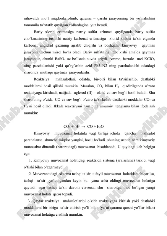 ga erishish mumkin. 2 kimiyoviy muvozanat konstantasi. reaktsiya unumini muvozanat konstantasi (k) deb atalgan kattalik bilan qayd etiladi. sistemaning tabiatiga qarab bu kattalikning ifodasi turli xil ko’rinishda bo’ladi. a) sistema gomogen bo’lib, u suyuqliklardan iborat bo’lsa, muvozanat konstantasi, odatda кс bilan ifodalanadi. b) sistema faqat gazlardan iborat bo’lsa, muvozanat konstantasi, кр – bilan ifoda etiladi. ko’pgina reaktsiyalar bir xil sharoitda qarama-qarshi ikki tomonga boradi: dastlabki moddalardan turli mahsulotlar va mahsulotlardan dastlabki moddalar hosil bo’ladi. reaktsiya davom etgan sari, dastlabki moddalarning kontsentratsiyasi uzluksiz pasaya boradi, natijada massalar ta‘siri qonuniga muvofiq, to’g’ri reaktsiyaning tezligi ham kamayib boradi, mahsulotlar kontsentratsiyasi esa aksincha orta boradi, natijada teskari reaktsiyaning tezligi ham oshadi. nihoyat shunday bir payt keladiki, bu vaqtdan boshlab to’g’ri reaktsiyaning tezligi teskari reaktsiyaning tezligiga tenglashadi: bu vaqtda muvozanat qaror topadi. dastlabki moddalarning va mahsulotlarning kontsentratsiyasi o’zgarishdan to’xtaydi. olingan moddalarning bir qismi reaktsiyaga kirishmasdan qoladi. muvozanat qaror topgan vaqtda moddalar kontsentratsiyasi muvozanat kontsentratsiya yoki …