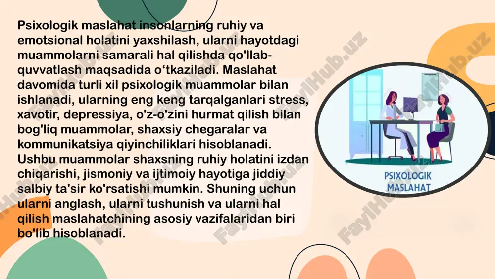 otga tadbiq qilish imkoniyatiga ega bo‘ladilar. psixologik maslahatning boshqa bir keng tarqalgan yo‘nalishi motivatsiya va maqsad qo‘yish bilan bog‘liq. ko‘pgina insonlar hayotda o‘zlariga aniq maqsadlar qo‘yishda yoki qo‘yilgan maqsadlarga erishishda qiyinchiliklarga duch kelishadi. maslahat jarayonida maslahatchilar mijozlarga o‘z ichki va tashqi motivatorlarini aniqlashda, ular bilan ishlashda va samarali rejalashtirishda yordam beradi. bu insonlarga o‘z hayotlarida muhim yutuqlarga erishish va o‘z imkoniyatlaridan maksimal darajada foydalanishga yordam beradi. psixologik maslahatning muhim yo‘nalishlaridan biri bu o‘zini anglash va o‘z-o‘zini qabul qilishdir. odamlar ko‘pincha o‘zlarini tushunmaydilar, o‘z his-tuyg‘ulari va xatti-harakatlarining sabablarini anglashda qiynaladilar. bu jarayonda maslahatchi mijozga o‘z shaxsini chuqurroq tahlil qilishda yordam beradi, o‘zini qabul qilish va o‘zidagi salbiy va ijobiy tomonlarni balansi bilan ko‘rishga o‘rgatadi. o‘zini to‘liq anglash va qabul qilish odamni hayotda erkinroq va baxtliroq qiladi. xulosa qilib aytganda, psixologik maslahat insonlarning kundalik hayotida duch keladigan ko‘plab muammolarni hal qilishda samarali vosita hisoblanadi. stress, depressiya, xavotir, o'z-o'zini hurmat qilish, shaxsiy chegaralar …