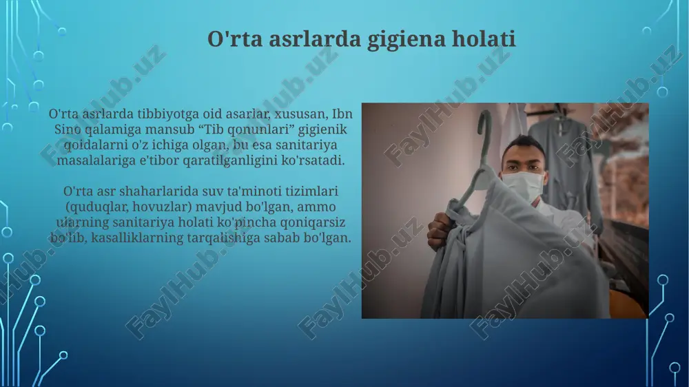 bor qaratgan holda, shaharlarda sanitariya-gigiena sharoitlarini yaxshilashga harakat qilindi. uyg'onish davrida ibn sino (980-1037) tibbiyotga oid "tib qonunlari" asarida shaxsiy gigiena, ovqatlanish, jismoniy faollik va atrof-muhit tozaligiga katta e'tibor qaratdi. ilmiy gigienaning shakllanishi (xix asr) rossiyada 19-asr oxirida a.p. dobroslavin va f.f. erisman kabi olimlar gigienani ilmiy asosda rivojlantirdilar. ular sanitariya statistikasi va jamoat salomatligini o'rganishga hissa qo'shdilar. ilmiy gigienaning rivojlanishi 19-asrda mikroblar nazariyasining paydo bo'lishi bilan bog'liq. lui pasterning ishlari kasalliklarning sabablarini aniqlashda muhim ahamiyatga ega bo'ldi. o'zbekistonda gigiena sohasidagi muammolar va ularning yechimlari sanitariya-gigiena madaniyatining pastligi, ayniqsa yoshlar orasida, maktablarda gigiena darslarini kuchaytirish orqali hal etilishi mumkin. 2026-yilgacha ta'lim dasturlarini yangilash kerak. markazlashgan suv ta'minoti tizimlarining 60 foizdan ortig'i eskirganligi sababli, suv sifatini yaxshilash uchun modernizatsiya zarur, 2024-yilda investitsiya loyihalarini amalga oshirish dolzarb. o'zbekistonda gigiena modulining tuzilishi va vazifalari gigiena moduli sanitariya-epidemiologik osoyishtalikni ta'minlash maqsadida o'zbekistonda tashkil etilgan bo'lib, 10 dan ortiq asosiy vazifalarni o'z ichiga oladi. modulning …