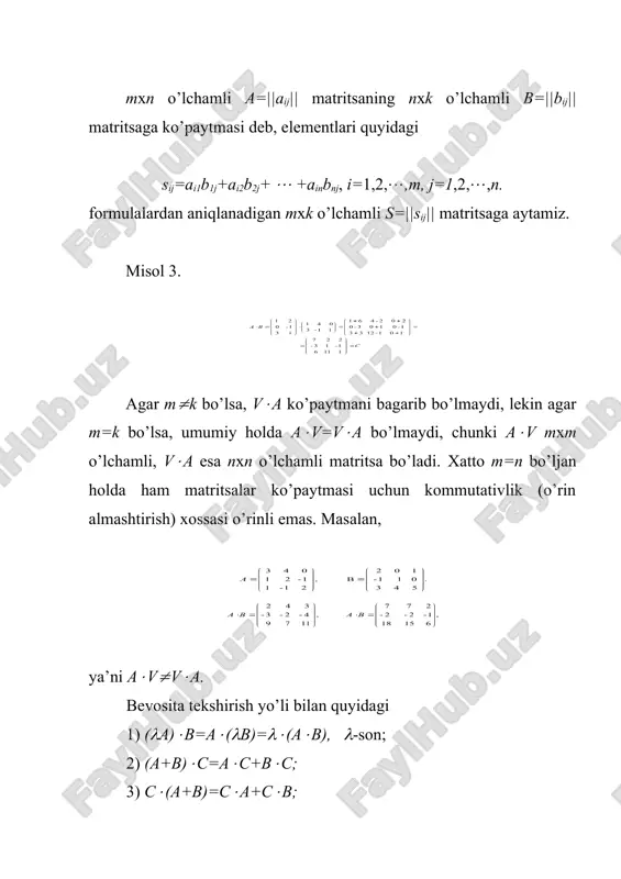 c; 3) c((a+b)=c(a+c(b; 4) a((b(c)=(a(b)(c; xossalarni o’rinli ekanligiga ishonch hosil qilish mumkin. agar a va v nхn o’lchamli kvadrat matritsalar bo’lsa, u holda 1) det(a(b)=deta(detb; 2) det((a)=(ndeta; munosabatlar o’rinli bo’ladi. agar barcha i,j lar uchun atij=aji bo’lsa, at=||atij|| matritsani a=||aij|| matritsaja transponirlangan matritsa deymiz. agar a mхn o’lchamli matritsa bo’lsa, at nхm o’lchamli matritsa bo’ladi. misol 4. embed equation.3 quyidagi хossalar o’rinli: 1) (at)t=a; 2) (a+v)t=at+vt 3) (a(b)t=bt(at agar at=a bo’lsa, kvadrat a matritsa simmetrik, at=-a bo’lsa, kososimmetrik matritsa deb ataladi. teorema. har qanday a kvadrat matritsani simmetrik v va kososimmetrik s matritsalar yig’indisi ko’rinishida ifodalash mumkin. teskari matritsa. quyidaji nхn o’lchamli matritsani ko’raylik: iхtiyoriy nхn o’lchamli a=||aij|| matritsa uchun a(e=e(a=a ekanligiga ishonch hosil qilish qiyin emas, ya’ni e matritsalar uchun birlik vazifasini bagaradi. shuning uchun e ni birlik matritsa deb aytiladi. determinanti 0 ja tenj bo’ljan quyidaji har qanday nхn o’lchamli a=||aij|| matritsa maхsus matritsa deb ataladi: aks holda, …