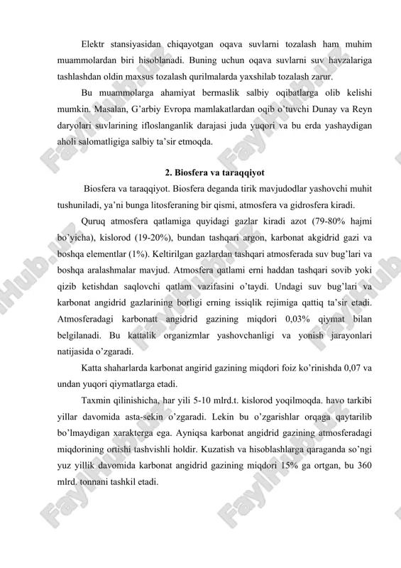 nniga ko’ra, 2005 yilga kelib atmosferadagi karbonat angadrid gazining miqdori, elektr stansiya, sanoat va transportdagi organik yoqilg’i yoqilishning ortishi hisobiga, 50% ga ortishi kutilmoqda. bu gazlarning atmosferada to’planishi, o’simlik qatlami maydonlarining qisqarganligi va okeanni neft mahsulotlari bilan ifloslanganligi bilan izohlanadi. agar qo’llanilayotgan birlamchi energiya manbalarini 100% deb hisoblasak, undan faqat 30-40% energiya olinadi, qolgan katta qismi issiqlik ko’rinishida yo’qotiladi. energiya yo’qotishlar asosan hozirgi davrdagi energetik mashinalarning texnik tavsiflari bilan ifodalanadi. rasm yonuvchi qazilmalarni yoqishdan hosil bo’layotgan tabiatdagi energiyaning aylanish sxemasi energiya zahiralarini iste’moli tez sur’atlarda va dunyo ishlab chiqarishiga bog’liq ravishda o’smoqda. taxmin qilinishicha, 2005 yilga kelib energiya zahiralarining iste’moli 160-240 ming tvt/soatni (ya’ni 20-30 mlrd. tonna shartli yoqilg’iga teng) tashkil etishi mumkin. 2005 yildan so’ng qolgan dunyo energiya zahiralari, yadro va termoyadro energetikasini hisobga olmagan holda, yana 100-250 yilga etadi. bu ma’lumotlar taxminan, lekin kelajakni ayrim ko’rinishlarini yoritib beradi. rasmda energiya tashuvchilarni dunyodagi iste’moli to’g’risida ma’lumotlar berilgan. dunyoda energiya …