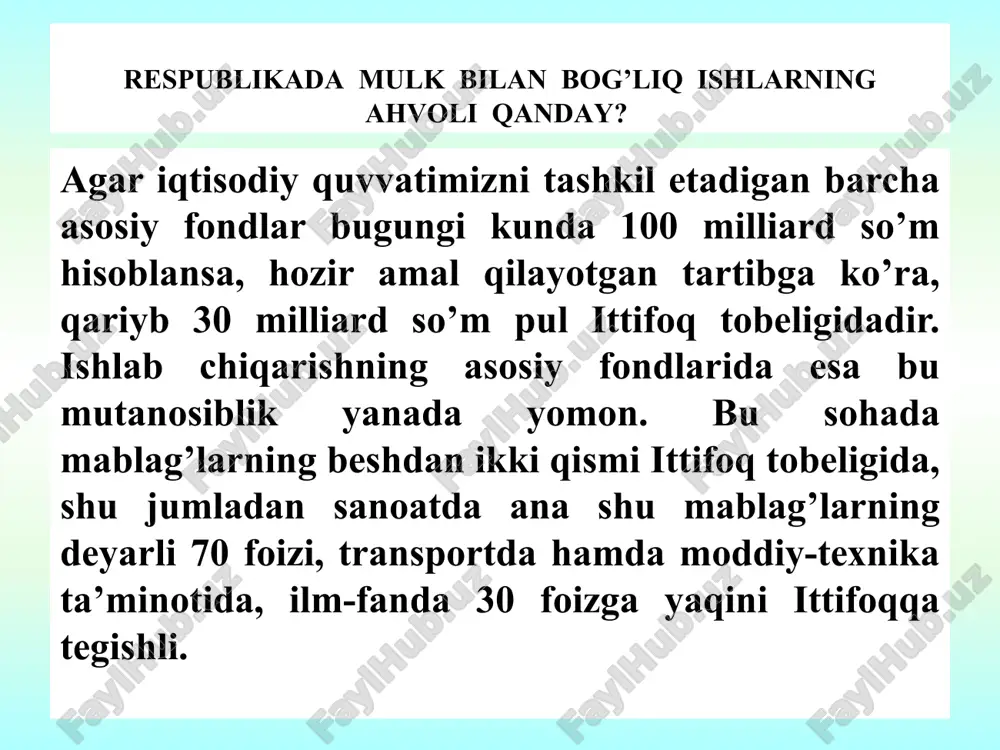 r yuzida odam paydo bo’lishi bilan manzara tubdan o’zgardi. odam tayoqni qo’liga olishi bilan u nafaqat mehnat quroli, balki odamning shaxsiy cho’qmoriga, uning buyumi, shaxsiy ashyosi, mulki bo’lib koldi. shaxsiy yoki guruхiy, qabilaviy buyum bo’lib himoya va hujum qurollari, mehnat qurollari va buyumlari, turar joy, kiyim, uy jihozlari paydo bo’lishi bilan ularda ham mulkchilik shakllana boshladi. ovchilik va еrga ishlov berishni o’rganish natijasida odamlar, oilalar va qabilalar tomonidan еrlarni mulk tariqasida o’zlashtirish boshlanadi. boylar va kambаg’allarnin paydo bo’lishi, o’zi egаlik qilayotgan mulkni kengaytirishga intilish, boylik, mulk orttirish va maydonlarga egаlik qilish uchun urushlarni keltirib chiqardi. natijada, mulk qo’ldan-qo’lga o’ta boshladi. o’sib borayotgan aholi uchun tobora ko’proq еr, ishlab chiqarishga jalb qilinadigan tabiiy resurslar kerak, natijada, odam egаllashi mumkin bo’lgan hamma narsa shu zahotiyok ajratib olinadi, o’zlashtiriladi va bo’linadi, ya’ni u mulkka aylanadi. mulkchilik munоsаbatlari - jamiyatdаgi boyliklarni o’zlashtirish xususidаgi iqtisodiy munоsаbatlardir. birinchidan, bu munоsаbatlar mulkdorning mulk ob’ektiga bo’lgan, ya’ni moddiy …