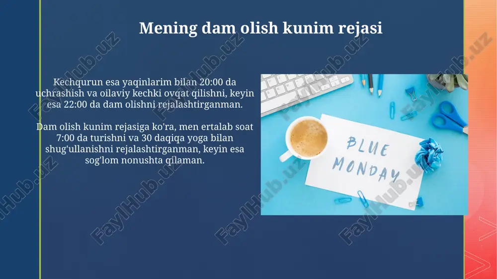 a harakat qilaman, chunki bu sog'ligim va kayfiyatim uchun juda muhim, uyqusizlik esa samaradorligimni 20% ga pasaytirishi mumkin. sport bilan shug'ullanish basketbol oʻynash kabi jamoaviy sport turlari, 5 dan ortiq odam bilan oʻynalganda, ijtimoiy aloqalarni mustahkamlashga va kommunikativ koʻnikmalarni rivojlantirishga yordam beradi. yengil atletika, masalan, 5 km yugurish, endorsfinlar ishlab chiqarishni kuchaytirib, kayfiyatni koʻtaradi va mushaklarning chidamliligini 15-20% oshiradi. musiqa tinglash musiqa terapiyasi sifatida musiqa tinglash, 70 dan ortiq turdagi kasalliklarni davolashda qo'llaniladi va 90% hollarda bemorlarda ijobiy natijalar kuzatiladi. musiqani tinglash miyamdagi dopamin darajasini 20-30% ga oshirishi mumkin, bu esa kayfiyatni yaxshilash va stressni kamaytirishga yordam beradi. bu, neyrotransmitterlar faoliyatining o'zgarishi bilan bog'liq. e'tiboringiz uchun rahmat @taqdimot_robot image4.jpg image5.jpg image6.jpg image7.jpg image8.jpg image9.jpg image10.jpg image11.jpg image12.jpg image13.jpg image14.jpg image15.jpg image2.png image3.png