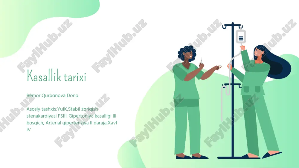 ili gemoglabin 82 eritrotsitlar 2.7 rang ko’rsatkichi 0.8 leykotsitlar 5.6 tayoqch a yadroli 1 segment yadroli 64 monotsit 6 limfotsitlar 28 echt 30 labarotor tekshiruvlar alt 0.44 act 0.22 umumiy bilirubin 13.37 bog’langan bil. 4.86 bog’lanmagan bil. 8.51 mochevina 6.8 kreatinin 111.4 glukoza 6.9 qonning biokimyoviy tahlili koagulogramma pti 83 (80-100) fibrinogen a 2.7 ( 2.0-4.0) gematokrit 30 labarotor tekshiruvlar umumiy oqsil 74/6% albu,in 40 % oqsil fraksiyasi asosiy klinik tashxis asosiy yondosh asorat syuy ii.a fs iii(nyha buyicha). de ii daraja yuik.zuriqish stenokardiyasi fsiii. arterial gipertenziya erishilgan. xavf iv uta yuqori semizlik iii darajasi. umurtqa pogonasini bel dumgaza qismi osteoxondroziogriqli sindromi bilan umurtqa pogonasi disk churrasi amaliyotidan keying holat(2006) xekamaliyotidan keying holat(2012) tavsiyalar пархез стол no8,no9 реосорбил-seem рр д/инф) 250мл/: контрадол 3мл nо6(75мг/2мг/10мг) рекомендация: аскорбиновая кислота амп. 5% 2мл no10 /рекомендация: пирацетам рр д/инеь 20%5мл no10 /рекомендация: натрия хлорид 0,9% 250 мл п/п /рекомендация: тримекор mr таб 35 мг …