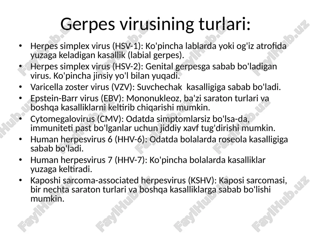 antivirus dori vositalari qo'llaniladi. masalan, aciklovir, valaciklovir, famsiklovir kabi preparatlar. simptomatik davolash: og'riqni kamaytirish va isitmani tushirish uchun og'riqsizlantiruvchi va antipiretik preparatlar. immunitetni tiklash: immun tizimini kuchaytirish uchun vitaminlar va boshqa yordamchi vositalar. profilaktika: virusning tarqalishini oldini olish uchun jinsiy aloqalar davomida prezervativlardan foydalanish va infektsiyalangan hududlardan qochish. vaktsina: vzv (suvchechak) uchun vaktsina mavjud, boshqa gerpes viruslariga qarshi vaktsinalar hali rivojlanmagan. profilaktika va ehtiyot choralar: virusdan himoyalanish uchun to'g'ri gigiena, jinsiy aloqalarda himoya vositalarini ishlatish. agar gerpes infektsiyasi mavjud bo'lsa, boshqa odamlarga tarqalmasligi uchun ehtiyotkorlik bilan yurish. image1.jpeg image2.jpeg image3.jpeg image4.jpeg image5.jpeg image6.wmf oleobject1.bin image7.jpeg image8.jpeg image9.wmf oleobject2.bin image10.jpeg image11.jpeg image12.jpeg image13.jpeg image14.jpeg image15.png image16.png
