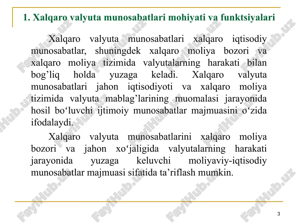 ishida amalga oshadi. valyuta tushumlari ishlab chiqarish omillariga boʻlgan xarajatlarga muvofiq ravishda taqsimlanadi. * xalqaro valyuta munosabatlariga ta’sir ko’rsatuvchi muhim omillardan biri bo’lib jahon valyuta bozorida valyutalar savdosi yillik hajmining oʻzgarishi hisoblanadi. xalqaro valyuta munosabatlari ishtirokchilari spekulyativ valyuta operatsiyalari hisobiga yuqori daromad oladilar, lekin real iqtisodiyotning faoliyat koʻrsatish tamoyillari e’tiborga olinmaydi. bu esa valyuta munosabatlarini real iqtisodiy jarayonlardan ajratgan holda davriy valyuta inqirozlari uchun ob’ektiv asoslarni yuzaga keltiradi. spekulyativ valyuta oqimlarining yirik hajmda transchegaraviy koʻchishi real iqtisodiyotga salbiy ta’sir koʻrsatadi. birinchidan, valyutalar bilan bog’liq spekulyativ operatsiyalardan yuqori va tez fursatdagi daromad ularni jahon valyuta bozorida doimiy koʻchib yuruvchi “issiq” pullar (qisqa muddatli kapitallar) massasiga aylantirgan holda kapitalni uzoq muddatli investitsiyalashni cheklaydi. * xalqaro valyuta bozori (forex) ishtirokchilari tarkibi * 1992-2022 yillarda jahon valyuta bozorining kunlik aylanmasi hajmi (mlrd. aqsh doll.) * составлено на основе данных банка международных расчетов (бмр), публикуемых в отчетах каждые три года: triennial central bank survey: foreign …