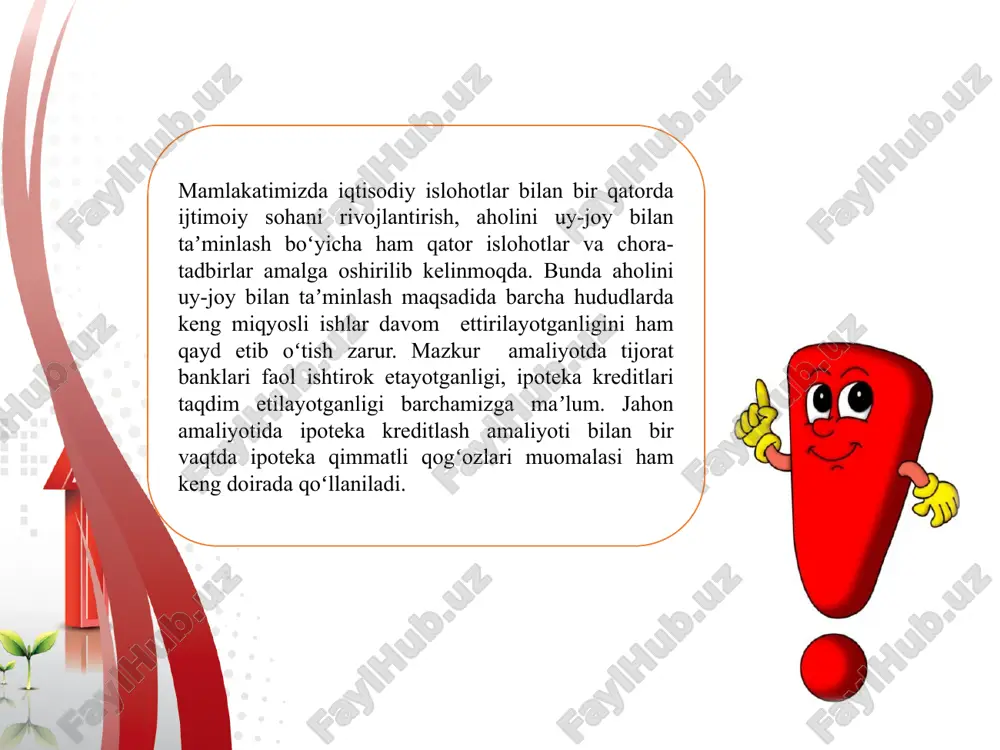 ngan obligatsiya tipidagi qimmatli qogʻozlarni mustaqil chiqarishi va shu asosda garovga qoʻyilayotgan koʻchmas mulkni kreditga berishi bilan tavsiflanadi. bu model nemis modeli deb ham ataladi. mablagʻlar jalb qilish va kredit berish muddatlari oʻrtasida vaqtinchalik farq mavjudligi, bank uchun kredit va foiz riskining yuqoriligi kabilar mazkur modelning kamchiliklari hisoblanadi. lekin bu model asosida ipoteka kreditlashni tashkil etish nisbatan jahon amaliyotida keng qoʻllaniladi. ikki bosqichli model (amerika modeli) ipoteka bozorining berilgan ipoteka kreditlarini qayta moliyalashtirish koʻchmas mulk bilan taʼminlangan ikkilamchi qimmatli qogʻozlar bozori hisobiga amalga oshirilishi bilan tavsiflanadi. bu modelning asosida risklarni taqsimlash gʻoyasi yotadi. ipoteka krediti beruvchi bank uni sekʼyuritizatsiya oʻtkazish uchun tashkil etilgan maxsus tashkilotlar, yaʼni ipoteka agentlariga sotadi. ipoteka agentlari oʻz navbatida ipoteka qimmatli qogʻozlari chiqaradilar va ularni bozorda sotadilar hamda bankni qayta moliyalashtiradi. natijada ipoteka krediti bank balansidan chiqarilib, poteka balansiga kirim qilinadi. kredit oʻtkazilgan vaqtdan boshlab bankda bu amaliyot boʻyicha hech qanday risk qolmaydi va yangi moliyalashtirishga …