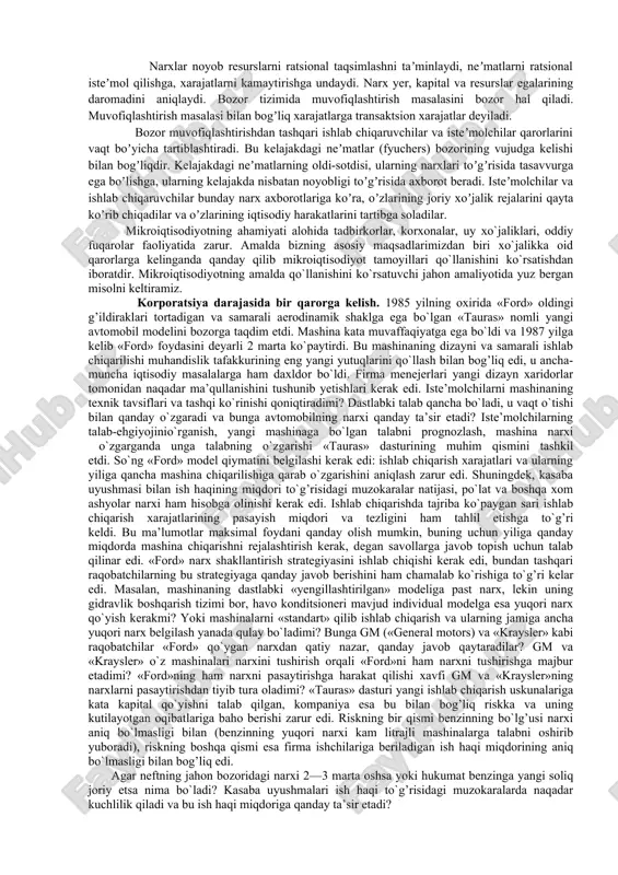 ilar (uy xoʼjaliklari) va ishlab chiqaruvchilar (firmalar). isteʼmolchining maqsadi - mumkin darajada oʼzining ehtiyojlarini maksimal darajada qondirish boʼlsa, ishlab chiqaruvchilarning maqsadi - foydani yoki boshqa bir faoliyat koʼrsatkichlarini maksimallashtirishdan yoki minimallashtirishdan iboratdir. jamiyatda vujudga keladigan yana bir muammo - bu isteʼmolchilar va ishlab chiqaruvchilar faoliyatini muvofiqlashtirishdir: 1)ishlab chiqaruvchilar faoliyatini (kim qaysi mahsulotdan qancha ishlab chiqaradi) muvofiqlashtirish; 2) isteʼmolchilar faoliyatini (kim, qaysi mahsulotdan, qancha isteʼmol qiladi) muvofiqlashtirish; 3) ishlab chiqarish va isteʼmol qilish boʼyicha qabul qilingan qarorlarni muvofiqlashtirish. bu muammo tovarlar aylanmasi modeli orqali tahlil qilinadi . modeldan foydalanishning afzalligi shundan iboratki, u muammoning ikkinchi darajali tomonlarini eʼtiborga olmaydi. modelda ikki turdagi oʼzgaruvchilar ishlatiladi: ekzogen va endogen. ekzogen oʼzgaruvchilar tashqi oʼzgaruvchilar boʼlib, ular oldindan beriladi va modelga kiritiladi. endogen oʼzgaruvchilar model ichida, hisob-kitoblar asosida shakllanadi. tovarlar aylanmasida iqtisodiyot ikki sektorga boʼlinadi: uy xoʼjaliklari va firmalar. uy xoʼjaliklari oʼz resurslarini (ishchi kuchi, kapital va yerni) firmalarga sotib daromad oladilar va bu daromadlarini …