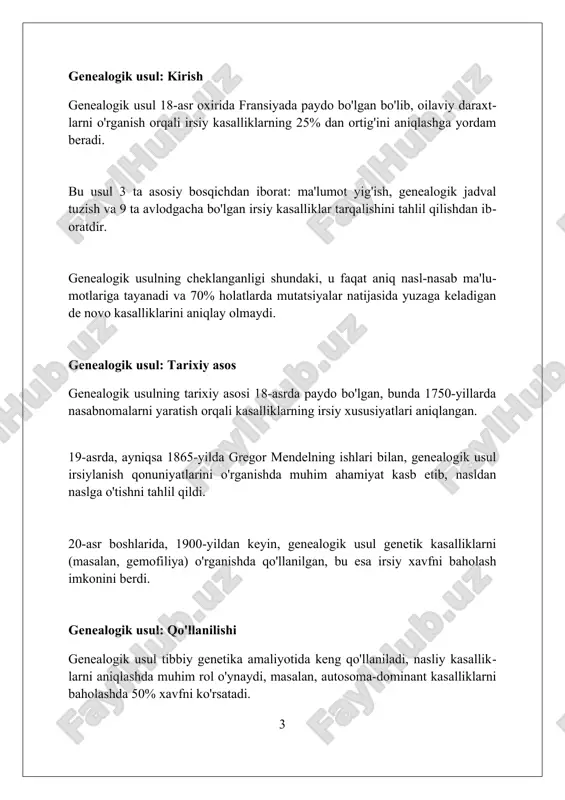 bini o'rganish orqali gen mutatsiyasini aniqlaydi. biokimyoviy usulda fermentlar faolligi tekshiriladi; 100 dan ortiq fermentopatiyalar (ferment yetishmovchiligi) mavjud bo'lib, ularning diagnostikasi ferment faolligini aniqlashga asoslangan. biokimyoviy usul: qo'llanilishi (misollar) biokimyoviy usulning qo'llanilishi fenilketonuriyani (pku) skriningida muhim, qonda fenilalanin darajasini aniqlash orqali 12-xromosomadagi gen mutatsiyasini ko'rsatadi. galaktozemiyani tashxislashda biokimyoviy tahlil eritrotsitlardagi galaktoza-1-fosfat uridiltransferaza (galt) fermentining faolligini o'lchaydi, bu esa 9-xromosomadagi genetik defektni aniqlaydi. tay-saks kasalligini aniqlashda biokimyoviy usul qon plazmasidagi geksosaminidaza a fermentining miqdorini aniqlash orqali 15-xromosomadagi hexa genidagi mutatsiyani ko'rsatadi. biokimyoviy usul: afzalliklari va kamchiliklari biokimyoviy usulning afzalliklaridan biri, fenotipik belgilarni bilvosita baholash imkoniyati, masalan, fermentlarning faolligini o'lchash orqali genotipni aniqlash imkonini beradi. kamchiliklari orasida genlarning ekspressiyasi nafaqat irsiyatga, balki 10-20% atrofida atrof-muhit omillariga ham bog'liqligi, natijalarni talqin qilishda qiyinchiliklar tug'diradi. biokimyoviy usulning afzalligi 100 dan ortiq metabolik kasalliklarni tashxislashga yordam beradi, ammo ba'zi genetik variantlar aniqlanmasligi mumkin, bu esa diagnostika cheklovini yaratadi. egizaklar usuli: kirish egizaklar usuli genetik tadqiqotlarda …
