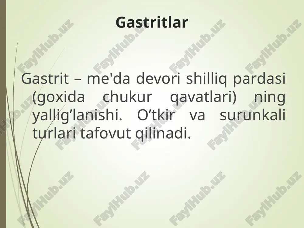 shilovchi dori moddalar: nikotin kislotasi, askorbin kislotasi, solkoseril. 5. dispepsiyaga qarshi – serukal, reglan 6. og’riqqa qarshi spazmolitiklar surunkali kimyoviy gastrit davosi o’t kislotalarni neytralizasiya qilish- ursosan 500mg kechki ovqatdan keyin mikrotsirkulyatsiyani yaxshilash – aktovegin 5,0 ml m/o, 1-2 mahal, 10-15 kun profilaktikasi. surunkali gastritning oldini olish ovqatlanish rejimini to’g’ri qo’llashga va ovqat turlarini to’g’ri tanlashga, jamoa ovqatlanishini yaxshilashga, chekishga qarshi kurashishga asoslangan.