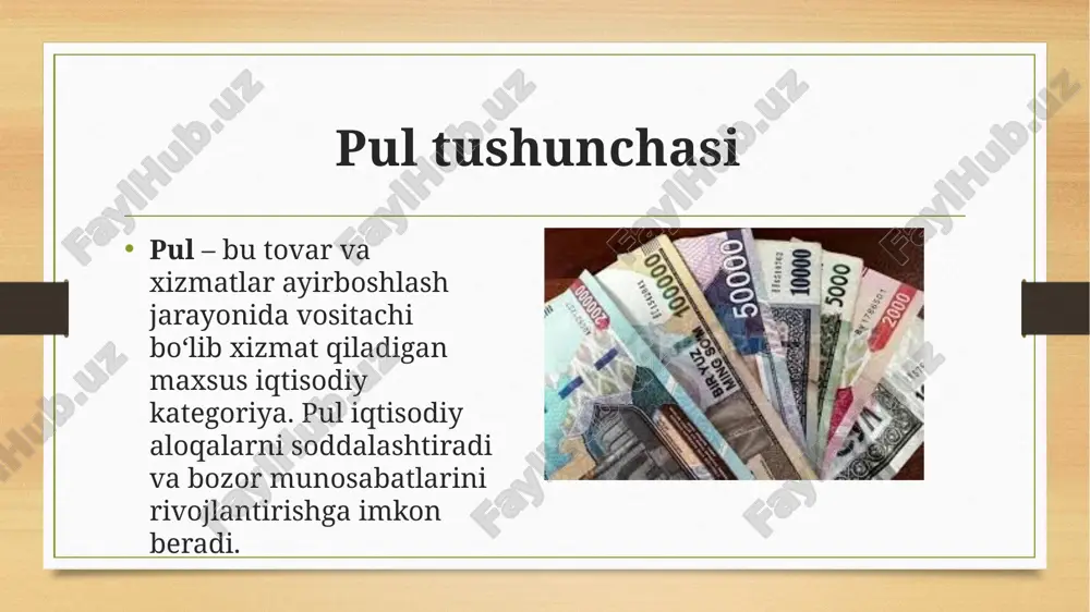 n vaqtda tovar yoki xizmatga ayirboshlash imkonini beradi. zamonaviy iqtisodiyotda naqd va naqd pulsiz pul shakllari keng tarqalgan. kriptovalyutalar va raqamli to‘lov tizimlari pulning kelajakdagi rivojlanish yo‘nalishlaridan biridir. pulning to‘g‘ri boshqarilishi iqtisodiy barqarorlik va farovonlikni ta’minlaydi. foydalanilgan adabiyotlar suyunov u., karimov s. – pul-kredit va banklar abdukarimov i., tursunov b. – pul va kredit nazariyasi qo‘chqorov o., abduqodirov a. – iqtisodiyot nazariyasi hasanov b. – pul-kredit va bank ishi to‘laganov a., jo‘rayev h. – moliyaviy tizim va uning rivojlanishi tursunov b., ergashev i. – bank ishi va pul muomalasi o‘zbekiston respublikasi markaziy banki rasmiy materiallari va hisobotlari – (https://cbu.uz) karimov n. – moliyaviy hisobot va pul-kredit siyosati yo‘ldoshev sh., rahmonov a. – makroiqtisodiyot asoslari google chatgpt e’tiboringiz uchun rahmat image5.png image6.png image7.jpg image8.jpg image9.jpg image10.jpg image11.jpg image12.jpg image13.jpg image3.png image4.png /docprops/thumbnail.jpeg