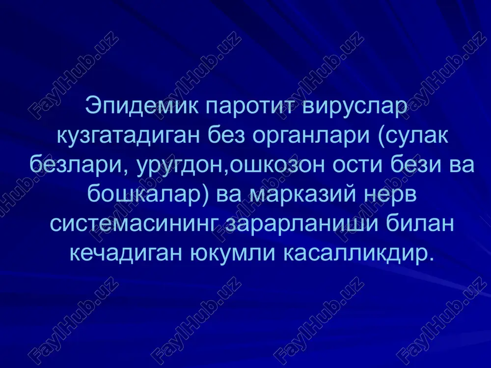 ва сийдикда амилаза микдорини аниклаш. ширинлик бериб кондаги кандни аниклаш. товук эмбрионига экиб вирусологик текширув утказиш. серологик текширувлар- ра, кбр, ртга, … тери ости синамаси. дифференциал диагностикаси ухшаш касалликлар: иккиламчи йирингли паротит. токсик паротит. сулак тош касаллиги. кулок олди бези усмаси. иккиламчи лимфаденитлар. сил менингити. менингококкли менингит. энтеровирусли менингитлар. давоси симптоматик . t меъёрига келгунча (10 кун) ёток режими. суюк овкатлар бериш. туйиб овкатланишни чеклаш. шиллик пардалар гигиенасига риоя килиш. огрик колдирувчи препаратлар. орхитларда суспензориум. хирургик давода уругдон ок пардасини кесиб куйиш. гамма-глобулин. гормонлар (огир холларда). дегидратация (сийдик хайдовчи препаратлар). антибиотиклар (огир холларда). люмбал пункция. профилактикаси беморни уй шароити ёки касалхонада 9 кун изоляция килиш, менингит белгилари кушилса, бутун уткир даврида. мулокотда булганлар 21 кунга ажратилади ( карантин). паротитли менингит ёки менингоэнцефалит утказганлар касалхонадан чикгач 2 хафтагача мактабга рухсат этилмайди. актив иммунизация учун тирик вакцина л-3 кулланилади ( 0.5 мл тери остига ёки 0.1 мл тери орасига). image1.png image2.png image3.png …