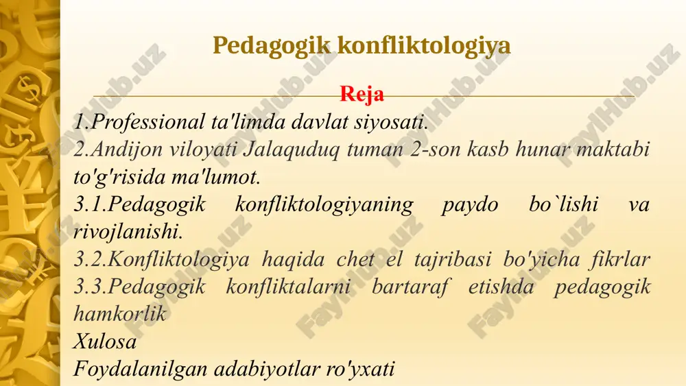 a'lim dasturlaridan tashqari quyi darajadagi ta'lim dasturlari bo'yicha kadrlar tayyorlash huquqi beriladi; b) tizimda mos ravishda boshlang'ich, o'rta va o'rta maxsus professional ta'lim dasturlari joriy etilgan kasb-hunar maktablari, kollejlar va texnikumlardan iborat professional ta'lim muassasalari tarmog'i tashkil etiladi; v) kasb-hunar maktablarida: kadrlar tayyorlash umumta'lim muassasalarining 9-sinf bitiruvchilari hisobidan shakllantirilgan guruhlarda 2 yillik umumta'lim va mutaxassislik fanlarining integratsiyalashgan dasturlari asosida kunduzgi ta'lim shaklida amalga oshiriladi; professional ta'limda davlat siyosati o'zbekiston respublikasi andijon viloyati jalaquduq tuman 2-son kasb hunar maktabi 6 jalaquduq tuman 2- son kasb – hunar maktabi 2020 yil o'zbekiston respublikasi prezidentining 6-sentyabrdagi 5812 sonli qaroriga asosan tashkil topgan bo'lib hozirgi kunda 4 ta yo'nalish bo'ycha hududdagi umumta'lim maktablarining 9-sinf bitiruvchilarini kasb-hunar o'rgatish bo'ycha ish faoliyatini olib bormoqda. kasb-hunar maktabida quydagi yo'nalishlar mavjud: 1.tikuvchi 2.raqamli axborotlarni qayta ishlash ustasi. 3.avtomobillarni ta'mirlash chilangari 4.avtomobillarni elektr jixozlariga texnik xizmat ko'rsatish. avtomobil yo'nalishida taxsil olayotgan o'quvchilar 2 yillik bilm ko'nikmalarni egallagandan so'ng “bc” …