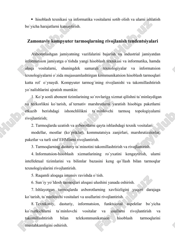ydi. java – bu interpritatsiya qiluvchi bo`lib, ochiq muhit ishiga maxsus tayyorlangan. barcha www novigatorlari va ko`pgina serverlar uni quvvatlanishini ta`minlaydilar. shuni ta`kidlash joizki, java loyixasi www sistemasining chuqur muammolarini echishga imkon yaratada. sun microsystems kompaniyasi java loyihasi yordamida tarmoq texnologiyalari bo`yicha birinchilardan bo`lib, ―tarmoq – bu kompyuter‖ ostida yangi bozor yaratishni mo`ljallamoqda. global hisoblash tarmog`ining rivojlanishida muammolarni echishga to`g`ri keladi. tarmoq abonentlarining soni ortishi bilan boshqarish muammosi qiyinlashadi. tarmoq kommertsiyalashtirilayapti, uni davlat tomonidan moliyalashtirish to`liq to`xtatilgan. global hisoblash tarmog`ining ruxsat etilmagan kirishdan himoya etish ham muhim o`rinlardan biri bo`lib qolyapti. hozirgi paytda internetda kompyuterlarni adreslash ip protokoli 32 bitdan tashkil topgan. tarmoq abonentlarining tez o`sib borishiga, bu adreslash etarli bo`lmay qoladi. bu muammoni echish uchun ip protokolining yangi ip-avlodi ishlanmokda, unda adres uchun 128 bit ajratilgan, bu astronomik mikdordagi abonentlarni adreslashga imkon yaratadi. bu esa joriy dasturni ta`minlash va tarmoqning aktiv asbob-uskunasini almashtirishni talab qiladi. hisoblash tarmoqlarining rivojlanishitaqsimlangan tizimlarning …