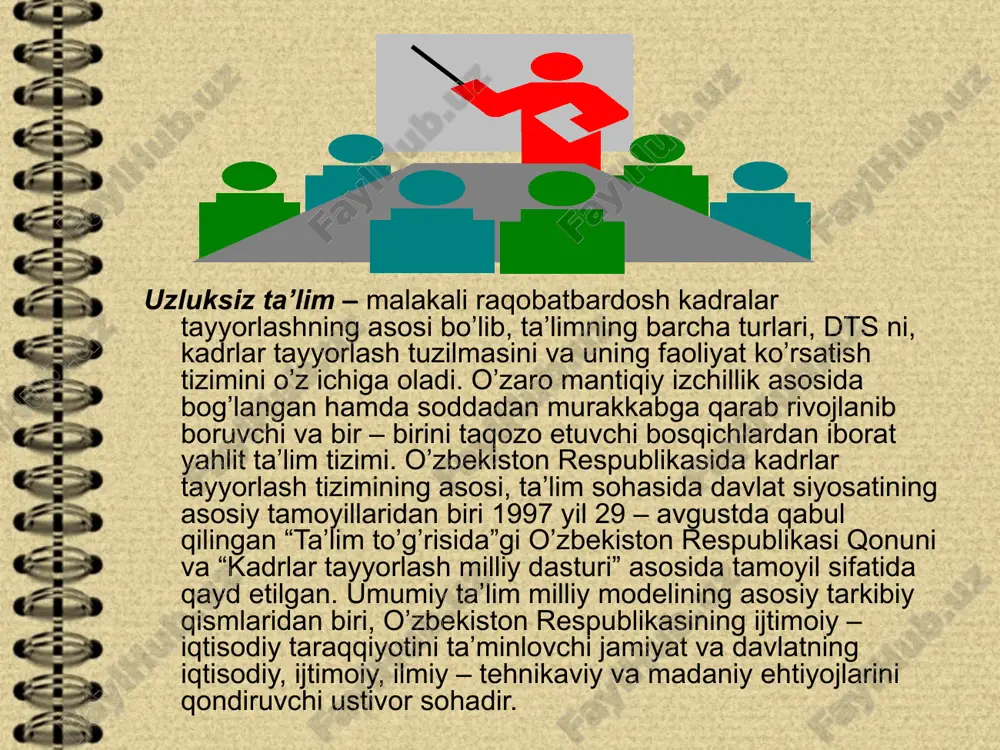 dagi attestat beriladi. o’rta mahsus, kasb – hunar ta’limi. umumiy o’rta ta’lim negizida o’qish muddati 3 yil bo’lgan majburiy o’rta mahsus, kasb – hunar ta’limi uzluksiz ta’lim tizimidagi mustaqil turdir. o’rta mahsus, kasb – hunar ta’limi tizimi yo’nalishi – akademik litsey yoki kasb – hunar kolleji o’quvchilar tomonidan ihtiyoriy tanlanadi. akdemik litsey dts ga muvofiq o’rta mahsus ta’lim beradi, o’quvchilarning imkoniyatlari va qiziqishlarini hisobga olgan holda ularning jadal intellektual rivojlanishi chuqur, sohalashtirilgan, tabaqalashtirilgan, kasbga yo’naltirilgan ta’lim olishni ta’minlaydi. akdemik litseylarda o’quvchilar o’zlari tanlab olgan ta’lim yo’nalishi bo’yicha (gumanitar, tehnika, agrar va boshqa sohalar) bilim saviyalarini oshirish hamda fanni chuqur o’rganishga qaratilgan mahsus kasb – hunar ko’nikmalarini o’zlarida shakllantirish imkoniyatiga ega bo’ladilar. bu ko’nikmalarni o’qishni muayyan oliy ta’lim muassasalarida davom ettirish yoki mehnat faoliyatida ro’yobga chiqarishlari mumkin. kasb – hunar kollejiga tegishli dts doirasida ta’lim oluvchilarga o’rta mahsus, kasb – hunar ta’limi beriladi; o’quvchilarga kasb – hunarga moyilligi, bilim va ko’nikmalarni …