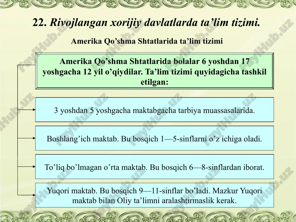 iy, 1-toifadagi universitetlarda har bir o’qituvchiga 8 nafar, 2-toifali universitetlarda esa 20 tadan talaba to’g’ri keladi. universitetlarga qabul qilish ikki bosqichga bo’linadi: 1-bosqichi turar joyda o’tkaziladi: buning uchun yapon, eski yapon tili, matematika, fizika, ximiya, jamiyatshunoslik, tarix bo’yicha test sinovlaridan o’tadilar. bu sinovlardan o’tgan o’quvchilar universitetlarga yo’llanma oladilar va yana sinovdan o’tadilar. xususiy universitetlarga esa to’g’ridan-to’g’ri test topshiriladi. bir qator xususiy universitetlar o’zining uzluksiz shaxobchasiga esa (bog’chadan boshlab hamma bosqichlarni qamrab oladi). universitetdan talabalarni haydab yuborish mumkin emas. lekin o’qish muddatini cho’zish mumkin (4 yillik o’qish 5-6 yilgacha cho’zilib ketishi mumkin). kollejlar: 1-kichik kollej; 2-texnik kollej 3-maxsus kollejlarga bo’linadi. uni bitirgan talabalar bakalavr diplomini oladi va universitetning 3 yoki 4 kurslariga qabul qilinadi. janubiy koreyada ta’lim tizimi mamlakatda oliy o’quv yurtlarining ishlari yaxshi yo’lga qo’yilgan. koreyada 104 ta oliy o’quv yurti bor, ularning 80 foizi xususiydir. hozir mamlakatda oliy o’quv yurtlarida o’qishga qiziqish juda kuchayib ketgan. har yili maktablarni bitiruvchilarning …