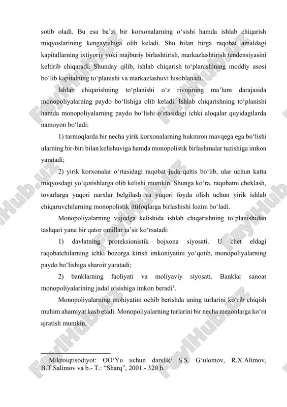 . 2.sof monopoliya modelining asosiy xususiyatlari mukammal raqobatning qarama-qarshisi sof monopoliyadir. sof monopoliya – ma’lum mahsulot turini ishlab chiqarish va sotish bo‘yicha yakka hukmron bo‘lgan bozor tuzilmasidir. yagona ishlab chiqaruvchi sifatida sof monopolistda unikal imkoniyatlar mavjud. uning to‘g‘ridan-to‘g‘ri raqobatchilari yo‘q. u o‘zi xoxlagan narx va xajmda istalgan mahsulot turini ishlab chiqarishi mumkin. monopolist ishlab chiqargan mahsulot bozorda unikal hisoblanadi, bozorda uni o‘rnini bosuvchi xech qanday tovar bo‘lmaydi. bozordagi yuqori darajadagi yakka xukmronlik monopolist uchun ishlab chiqarish xajmi va narxini maksimal darajada nazorat qilish imkonini beradi. sof monopoliyaning asosiy xususiyatlari: · firmalar soni bitta, · mahsulot turi yagona, unikal, · bozordagi hokimlik maksimal darajada, · bozorga kirish chiqishdagi to‘siqlar umuman olib tashlab bo‘lmaydigan. o‘zbekistonda sof monopoliyalar sifatida o‘zbekistondagi avtomobil ishlab chiqarish zavodi, o‘z ikkilamchi rangli metall. darhaqiqat, ular o‘z tarmoqlaridagi tegishli faoliyatlarning yagona ishlab chiqaruvchisi hisoblanadilar. shuningdek, ba’zi hollarda tarmoqdagi monopolist ishlab chiqaruvchilar sonining ko‘payib borishi monopolistik raqobat holatining vujudga kelishiga …