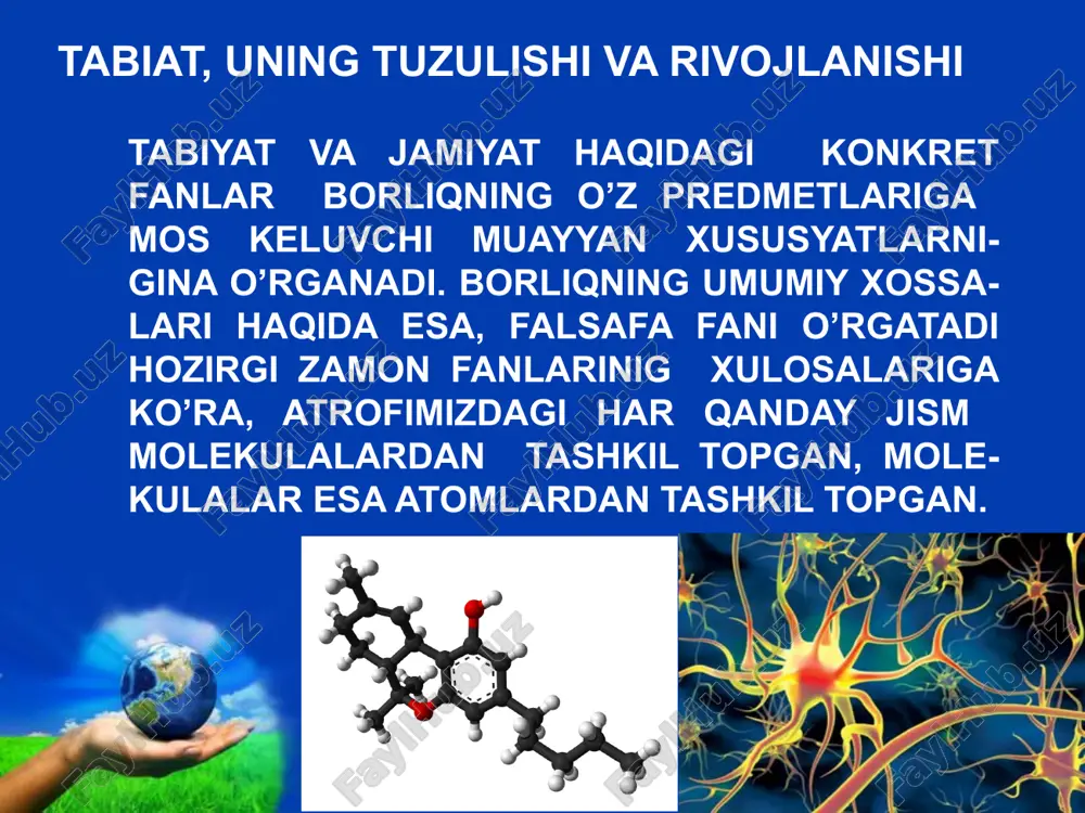 vojining majmui bo’lishi insoniyat tabiatga tobora ko’p o’z ta’sirini ko’rsatadi, inson faqat har xil o’simlik va hayvonot turlari o’rnini o’zgartiribgina qolmay, binobarin ularni shu darajada o’zgartirdiki, uning faoliyati natijasida er shari umumiy o’limga mahkum bo’lgandagina u bilan birga yo’q bo’lib ketishi mumkin. shunday qilib, inson nafaqat tabiatni o’rganib biladi, balki o’zini o’rab turgan dunyoni o’zgartiradi, «ijod» qiladi ham. biroq landshaft (tabiat manzarasi)ni g`oyat o’zgartirib yuborgan va koinotgacha chiqa olgan insoniyat hech qachon tabiatdan uzilib ketaolmaydi, u hamma vaqt uning bag`rida yashaydi. free powerpoint templates page ‹#› jamiyat inson hayot faoliyatining tarixiy shakli sifatida jamiyat inson hayot faoliyatining tarixiy shakli sifatida hech qachon odamdarning oddiy birlashmasi bo’lgan emas va bo’lmaydi ham. jamiyat odamlar, ishlab chiqarish, iqtisodiy, madaniy va ijtimoiy tashkilotlar o’zaro ta’siri murakkab sistemasidan iboratdir. jamiyat bu muttasil rivojda bo’lgan a’zo (organizm)dir, u ayrim ijtimoiy elementlarning o’z boshimcha ishlariga yo’l qo’yuvchi g`ayri-ixtiyoriy birikma emas. tabiat esa-bu moddiy jismlar, realliklar majmuidan iborat …
