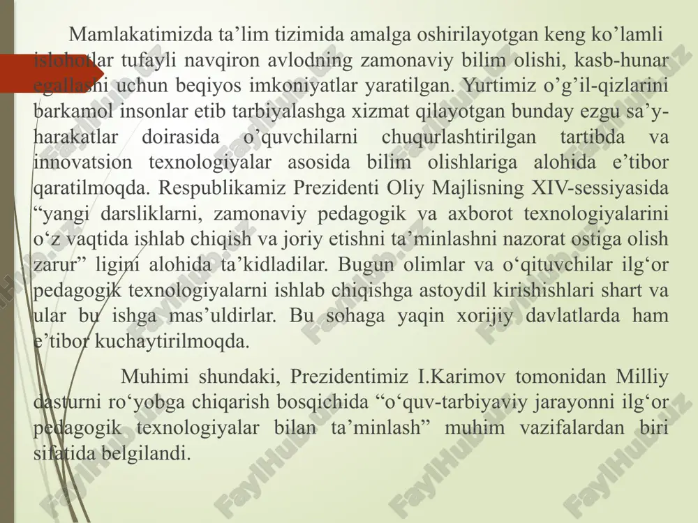 jarayon. innovatsion faoliyatning subekti - o‘qituvchining shaxsiy imkoniyati hisoblanadi. bunda pedagog shaxsining ijtimoiy, madaniy, intellektual va axloqiy imkoniyatlari yuksak ahamiyatga molik bo‘ladi. pedagogning innovatsion faoliyati o‘z ichiga yangilikni tahlil qilish va unga baho berish, kelgusidagi harakatlarning maqsadi va konsepsiyasini shakllantirish, amalga oshirish va tahlil qilish, samaradorlikka baho berishni qamrab oladi. o‘zbekistonda mualliflar tomonidan olib borilgan tadqiqotlar shuni ko‘rsatdiki, erkin, ma’rifatli va demokratik davlat fuqarolari quyidagi ijtimoiy sifatlarga ega bo‘lishi kerak: aqlli - mustaqil fikr yurita oladigan; odobli - millatimiz to‘plagan barcha fazilatlarga ega; mehnatsevar - mehnat kishining ijtimoiy ehtiyojiga aylanganligi; bilimli - diniy, dunyoviy va fazoviy bilimlarni ko‘p va chuqur egallab olib, ularni hayotda qo‘llay olishi; sog‘lom - jismoniy, ruxiy va ijtimoiy salomat; milliy g‘ururga ega - ajdodlarimizning moddiy va ma’naviy merosini egallab, ular bilan faxrlanuvchi va ularni boyitishga xissa qo‘shuvchi; vatanparvar - vatan uchun, halq uchun fidokorona mehnat qiluvchi, ularni muhofaza qila oluvchi va zarur bo‘lsa ular uchun jonini …