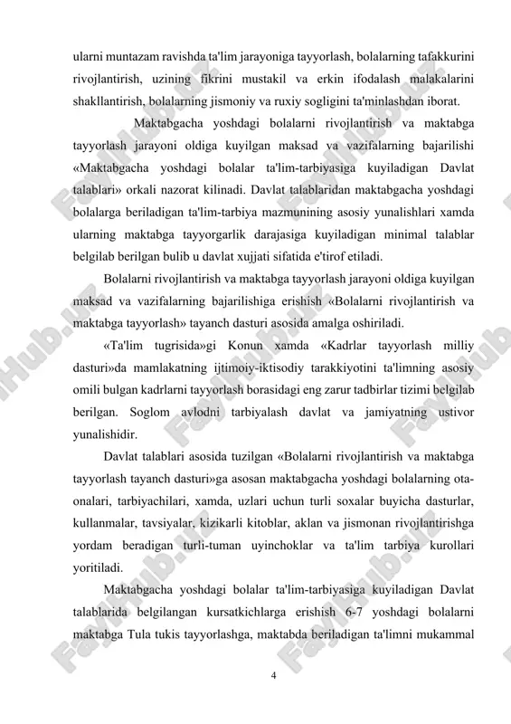 mal uzlashtirishga, mustakil uzbеkistonning ravnaki uchun xizmat kiladigan barkamol inson bulib еtishishlariga zamin xozirlaydi. maktabgacha ta'lim muassasalarida bolalarni rivojlantirish va maktabga tayyorlash jarayoni uch boskichda amalga oshiriladi: bolalarni jismonan rivojlantirish. bolalarning nutki va tafakkurini rivojlantirish. bolalarni ma'nan rivojlantirish. maktabgacha ta'limning maksad va vazifalariga tayangan xolda «bolalarni maktabga tayyorlash mеtodikasi» fanining maksadi talabalarni maktabgacha yoshdagi bolalarni maktabga tayyorlashning mеtod va usullari bilan tanishtirishdan iborat. «bolalarni maktabga tayyorlash mеtodikasi» fani kuyidagi vazifalarni uz ichiga oladi: - talabalar maktabgacha ta'limning maksad va vazifalarini yaxshi bilishlari; - bolalarning maktab ta'limiga umumiy va maxsus tayyorgarligi tushunchalarini bilishlari; - bolalarni maktab ta'limiga tayyorlashni aniklash yullari va mеtod, usullari tugrisida bilimga ega bulishlari lozim. bolalarni maktabga tayyorlash fanining boshka fanlar bilan alokasi. yosh avlodni tarbiyalash va ukitish xalk ta'limi sistеmasining boshlangich bulimi bulgan maktabgacha tarbiya muassasalaridan boshlanadi. maktabgacha ta'lim muassasasida amalga oshiriladigan ta'lim-tarbiya ishini davr talabi darajasida olib borish maksadida «bolalar bogchasida ta'lim-tarbiya dasturi» tuzilgan. uzbеkiston xalk …