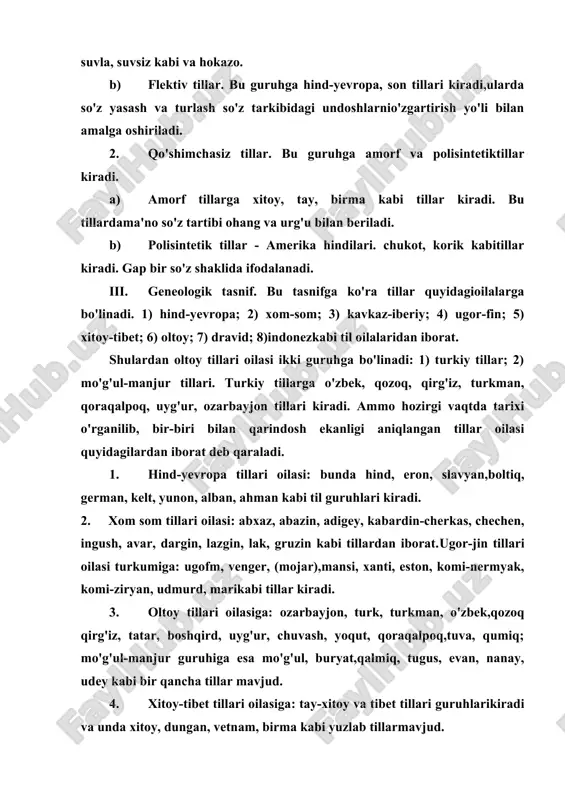 l, buryat,qalmiq, tugus, evan, nanay, udey kabi bir qancha tillar mavjud. 4. xitoy-tibet tillari oilasiga: tay-xitoy va tibet tillari guruhlarikiradi va unda xitoy, dungan, vetnam, birma kabi yuzlab tillarmavjud. 5. dravid tillari oilasiga: tamil, malayalam, kannora, teluguva raxun kabi bir qancha tillar kiradi. 6. indoneziya tillari oilasiga: avstraliya, papua, bantu,paleofika, poleosiyo, chukot, eskimos, amerika hindilari kabitil guruhlari bor. bundan tashqari hech qanday tillar guruhiga kirmagan uzoq sharqdagi yapon, ruykuyu, quriya, ayn, burjaskiy kabi tillar ham borligini aytib o'tish kerak. turkiy tillar haqida tushuncha turkiy tillar oltoy tillar oilasiga mansub bo'lib, bu tilda so'zlashuvchilar son jihatidan slavyan tillaridan ikkinchi o'rinda turadi. turkiy tilda so'zlashuvchi xalqlar ayrim manbalarda 40, ba'zi adabiyotlarda 60-70 tagacha ko'rsatiladi. 1992 yil 4-8 mayda turkiya davlatining poytaxti anqaradabo'lib o'tgan turkiy xalqlarning kongressida tashkiliy qo'mitaraisi ayla qutli turkiy tilda so'zlashuvchi xaldlarining sonini 200million deb e'lon qilgan edi. turkiy tilda so'zlashuvchilar mdx davlatlaridan tashqari turkiya, sharqiy turkiston, yevropa, amerika, afrika, …