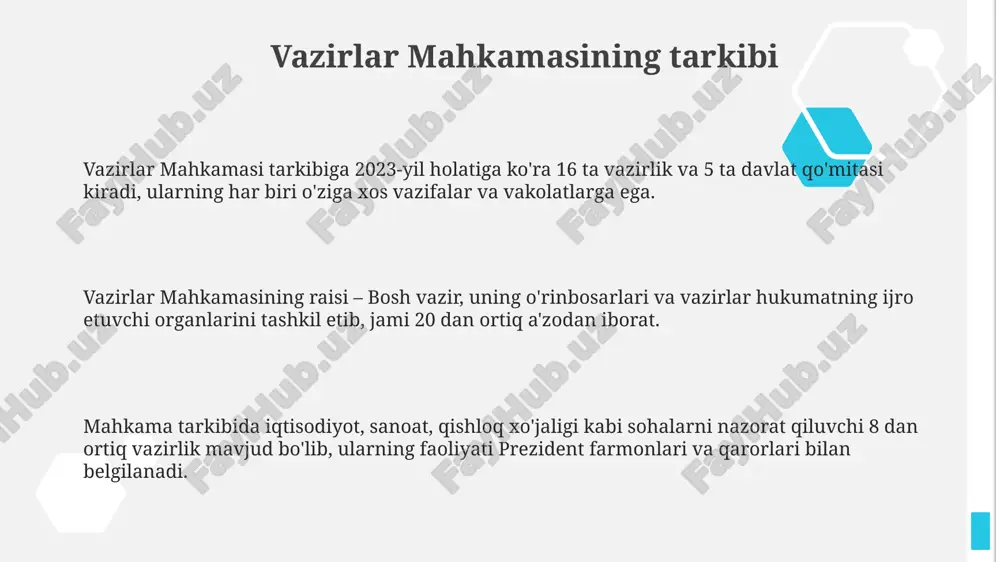 rejalashtirilgan. vazirlar mahkamasi tomonidan amalga oshirilayotgan ijtimoiy infratuzilmani rivojlantirish loyihalari natijasida 2024-yilga qadar 500 mingdan ortiq yangi ish o'rni yaratilishi kutilmoqda. ijtimoiy sohani rivojlantirishda vazirlar mahkamasi, 2022-yilgi davlat dasturlariga muvofiq, sog'liqni saqlash va ta'limga byudjet mablag'larining 30% dan ortig'ini yo'naltirdi. mahalliy hokimiyat bilan hamkorlik 2024-yil uchun mahalliy hokimiyatlar bilan hamkorlikda 100 dan ortiq ijtimoiy-iqtisodiy dasturlarni amalga oshirish rejalashtirilgan, bu 1 million aholiga ta’sir ko’rsatadi. hududlarda amalga oshirilayotgan loyihalarni muvofiqlashtirish uchun vazirlar mahkamasi 5 ta viloyatda o’z vakillarini joylashtirdi, bu 30% ga samaradorlikni oshirdi. mahalliy hokimiyat organlari bilan samarali hamkorlikni ta’minlash maqsadida vazirlar mahkamasi tomonidan 2023-yilda 15 dan ortiq qo’shma qarorlar qabul qilindi. vazirlar mahkamasining tuzilishi vazirlar mahkamasining faoliyati qonunlarga muvofiq boʻlishi va parlament nazorati ostida amalga oshirilishi, yillik hisobotlar taqdim etilishi majburiy hisoblanadi. hukumat tarkibiga prezident tomonidan tayinlanadigan bosh vazir va uning oʻrinbosarlari, vazirlar va boshqa rahbarlar kiradi, ularning soni va vakolatlari konstitutsiya va qonunlar bilan belgilanadi. vazirlar mahkamasi 20 …