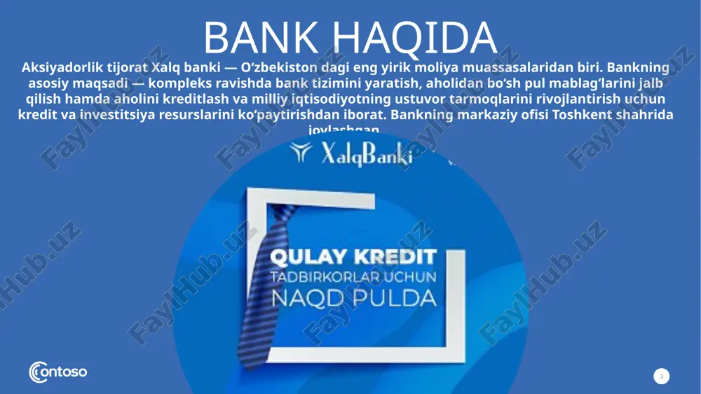 uchun, shu jumladan, kommunal tashkilotlar xizmatiga ham 20 000 dan ortiq to‘lov shoxobchalarining har birida to‘lovni amalga oshirish mumkin. kompaniya erishilgan natijalar bo‘yicha to‘xtab qolmay, taqdim etilayotgan xizmatlar doirasini kengaytirish va xizmatlar yetkazib beruvchi hamkorlar ko‘lamini kengaytirish uchun doimiy harakat qilib kelmoqda. bank mahsulotlari va xizmatlari 15 bank tomonidan anʼanaviy bank mahsulotlari va xizmatlarining barcha yo‘nalishlari, jumladan, jismoniy va yuridik shaxslar uchun depozit mahsulotlarining keng ro‘yxati, kreditning xilma-xil turlari, akkreditiv operatsiyalari, plastik kartalarni ishlab chiqarish va ularga xizmat ko‘rsatish, hisob raqamlarini tezkorlik bilan ochish va yuritish, jamg‘arib boriladigan pensiya hisoblarini yuritish, interaktiv bank xizmatlari, xalqaro pul o‘tkazmalari, lotereya o‘yinlari va boshqa xizmatlar ko‘rsatib kelinmoqda. xalq banki o‘z mijozlariga xizmatlardan foydalanishning eng qulay va foydali usullarini taklif etadi. yuridik maqomga ega mijozlarni kichik biznes, o‘rta biznes va korporativ mijoz segmentlariga ajratgan holda ular uchun mos moliyaviy xizmatlar va bank mahsulotlari taklif qilinmoqda. yuridik shaxslar uchun 20 xildan ortiq milliy va horijiy …