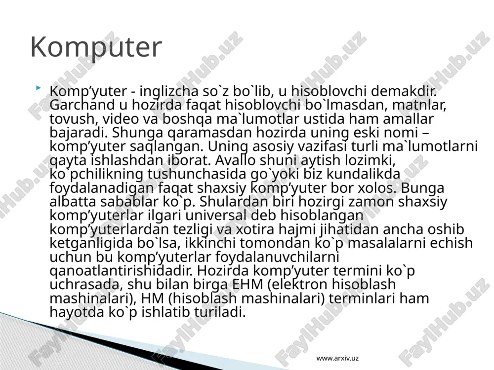 nq1 gacha nomerlanadi, bu erda n - emd dagi klasterlarning to`liq soni), har bir klaster uchun jadvalda uning belgisini o`n oltilik kodi ko`rsatiladi: ff7 - nuqsonli klaster, 002-ffo - fayllar bilan ishlatiladigan klasterlar, fff - klaster faylning oxirgi qismini o`z ichiga oladi, 000 - bo`sh klaster, ff8-ffe - yo fayl oxiri (kam holda), yoki bo`sh. disketada bor bo`lgan har bir fayl uchun katalogda (tizimli soxaning 3-zonasi) uning boshlang`ich klasterining nomeri ko`rsatiladi, bu boshlang`ich va keyingi klasterlarda fat da mos ravishda faylning keyingi klasterlari va shu tartibda oxirisigacha ko`rsatilib, bunda fff kodi (kamroq ff8-ffe kodi) ko`rsatiladi. www.arxiv.uz fayllarni joylashtirish jadvali juda muhimdir, negaki uningsiz diskda faylni ketma-ket o`qish mumkin bo`lmay qoladi (ayniqsa, agar fayl klasterlari satrlab emas, balki boshqa fayllar bilan band bo`lgan oraliqlarga yozilgan bo`lsa). shu sababli ishonchlilik uchun fat takror yozib quyiladi. fayl diskdan o`chirilgan paytda uning hamma klasterlari bo`sh kabi belgilab chiqiladi, lekin faylning o`zini qiymatlari o`chirilmaydi (faqat …