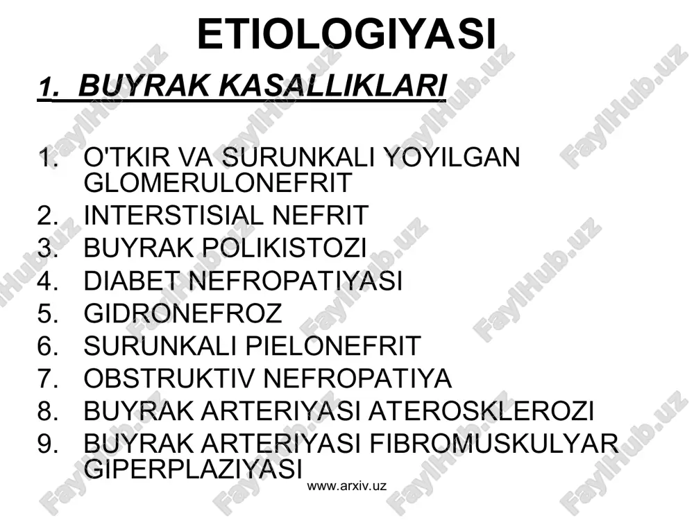 riy ioni va suv ajralishi kamayadi, natijada qon tomirlari torayadi www.arxiv.uz www.arxiv.uz kontraseptivlar - tarkibidagi estrogenlar ta’sirida renin-angiotenzin-aldosteron tizimi faollashadi va tanada suv ushlab qolinadi. yallig’lanishga qarshi nosteroid moddalar – qon tomirni kengaytiruvchi prostaglandinlar sintezini kamaytiradi va suv tutilishini oshiradi alkogol - simpatik nerv sistemasini stimullaydi, gormonlar sintezini oshiradi www.arxiv.uz www.arxiv.uz 3) aorta qorin qismining koarktasiyasida gipertenziyaning rivojlanish mexanizmi buyrakda qon aylanishining kamayishi bilan bog’liq www.arxiv.uz www.arxiv.uz e. miya o’smalarida va uning ba’zi bir organik shikastlanishida gipertenziya genezi tomir tonusini boshqaradigan miya po’stlog’i osti sohalarining ta’sirlanishi bilan bog’liq www.arxiv.uz www.arxiv.uz klinik ko'rinishi - arteriya bosimi va asosiy kasallik belgilari yig'indisi bilan ifodalanadi. www.arxiv.uz www.arxiv.uz buyrak kasalliklarida kuzatiladigan sag: glomerulonefrit pielonefrit buyrak amiloidozi diabet nefropatiyasi www.arxiv.uz www.arxiv.uz ichki sekresiya bezlariga xos sag a) akromegaliya – gipofiz adenomasi ta'sirida ko'p miqdorda bo'y o'stiruvchi somatotrop gormon (stg) – somatodin s ishlab chiqariladi. adenoma “turk egari”ni shikastlaydi – butunligini buzadi (rentgenogrammada, kt, mrt da …