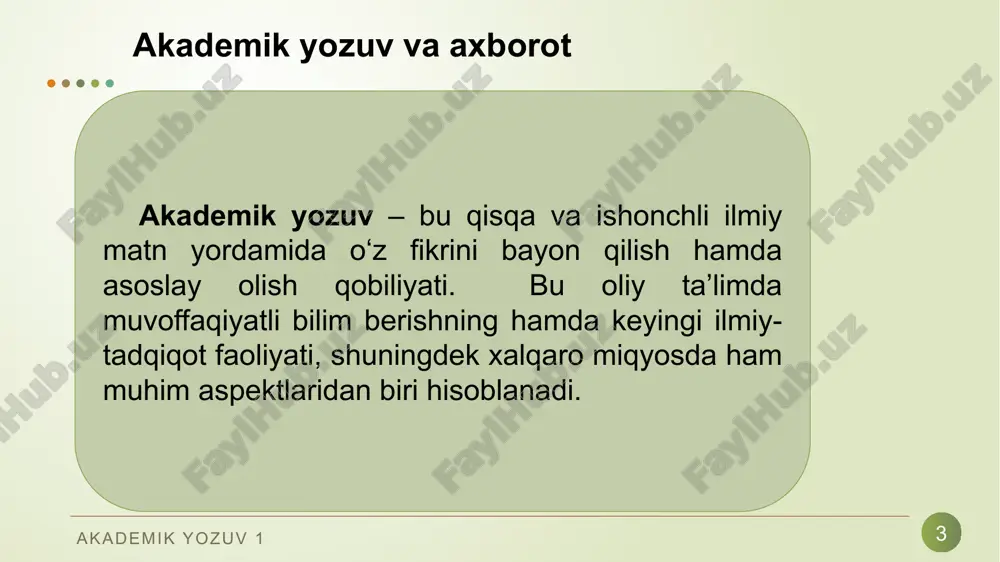 iyalari vositalari yordamida axborotni taqdim etish, qabul qilish, saqlash, unga ishlov berish, uzatish usullarini, ya’ni axboriy jarayonlarni va axborot texnologiyalari vositalarining faoliyat ko‘rsatish tamoyil- larini, ularni boshqarish usullarini sistemali ravishda o‘rganuvchi fandir. akademik yozuv 1 14 informatikada analog (uzluksiz) va raqamli (diskret) axborotlar ishlatiladi. inson sezgi a’zolari analog (uzluksiz) axborot bilan ish ko‘rishga moslashgan bo‘lsa, hisoblash texnikasi esa raqamli (diskret) axborot bilan ishlaydi. akademik yozuv 1 foydalanilgan adabiyotlar 15 1. n. jiyanova, o. mo‘ydinova. nutq madaniyati. – t.: “ilm ziyo zakovat”, 2019. 221 b. 2. xolmonova z. adabiy tildan ma’ruzalar umumlashmasi-t.: «o‘zbekiston», 2013, 250 b. 3. qo‘ng‘urov r., begmatov e., tojiyev yo. nutq madaniyati va uslubiyat asoslari, - t.: “fan”, 1992, 254b. 4. husanov.n., rasulov, mo‘ydinov q. nutq madaniyati va notiqlik san`ati .-t.: “iqtisod-moliya”, 2006. 5. м. ахмедова. нутқ маданияти ва профессионал нотиқлик. тату, 2017, 114б. 6.м. аминов, а. мадвалиев, н.махкамов, н маҳмудов. иш юритиш (амалий қўлланма). тошкент, 2017 й …