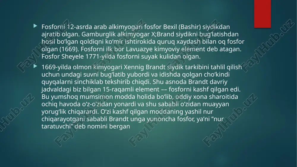 ini termodinamik jihatdan barqaror modifikatsiyaga o’tkazishda kimyoviy faollik kamayadi, masalan, oq fosforni qizil, keyin qizildan qora rangga aylantirganda. fosforning ishlatilishi fosfor eng muhim biogen element hisoblanadi va shu bilan birga sanoatda keng qo’llaniladi. gugurt ishlab chiqarishda qizil fosfor ishlatiladi. u gugurt karakasing yuzasiga qoplanadi. oltingugurt va kaliy xloratini o’z ichiga yuzaga gugurt cho’pi boshi ishqalansa, olov paydo bo’ladi. ehtimol, inson xizmatiga qo’ygan fosforning birinchi xususiyati yonuvchanlikdir. fosforning yonuvchanligi juda muhim va allotropik modifikatsiyaga bog’liq. kimyoviy jihatdan eng faol, toksik va yonuvchan oq («sariq») fosfor, ushning uchun u ko’p ishlatiladi (yunuvchi bomba va boshqalarda). qizil fosfor sanoat tomonidan ishlab chiqariladigan va iste’mol qilinadigan asosiy modifikatsiyadir. u gugurt ishlab chiqarishda, portlovchi moddalar, yoqish uchun aralashmalar, har xil turdagi yoqilg’ilar, shuningdek haddan tashqari bosimli moylash materiallarini ishlab chiqarishda ishlatiladi. fosfor aralashmalari qishloq xo’jaligida fosfor (fosfatlar shaklida) atf sintezida ishtirok etadigan uchta muhim biogen elementlardan biridir. ishlab chiqarilgan fosfir kislotaning aksariyati fosforli o’g’itlar — …