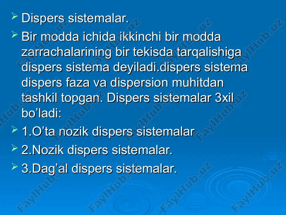 s sitemalarda zarrachalar kattaligi har xil bo’lgan polidispers sitemalardir. moddalarning erish mexanizmi. moddalar eriganda issiqlik yutiladi yoki ajralib chiqadi. bir mol modda eriganda yutiladigan yoki ajralib chiqadigan issiqlik miqdori shu moddaning erish issiqligi deb ataladi qattiq moddalarning erish jarayoni ketma-ket ikki bosqichdan iborat bo’lib, bularning har birida issiqlik effekti sodir bo’ladi: 1. erish jarayonida qattiq moddalarning kristall panjarasi parchalanadi. buning uchun ma`lum energiya sarf qilish kerak, demak bu jarayonda issiqlik yutiladi (-q1). 2. erigan modda zarrachalarining erituvchi molekulalari bilan o’zaro ta`siri (solvatlanish) natijasida issiqlik ajralib chiqadi (+q2). kristallarning suvda erish jarayoni. qattiq, suyuq va gaz moddalarning suyuqliklarda eruvchanligi. genri qonuni. turli moddalarning bir erituvchida o’zida eruvchanligi turlicha bo’ladi. qattiq jismning suyuqlikda eruvchanligi o’zgarmas bosimda temperatura ortishi bilan ortadi. masalan, suvda temperatura ortishi bilan kaliyli selitra kno3, qo’rg’oshin nitrat pb(no3)2 va kumush nitrat agno3 larning eruvchanligi ortadi. temperatura ortishi bilan osh tuzi nacl ning eruvchanligi esa, deyarli o’zgarmaydi. lekin qattiq modda …