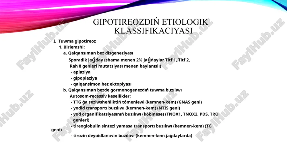 ólegi bolıp tabıladı. patogenezi. tiroid gormonlardıń jetispewshligi miydegi parıqlanıwdıń buzılıwına, neyronlar sanınıń azayıwına, nerv talshıqlarınıń miyelinizatsiyasınıń buzılıwına alıp keledi. homileda bul, ananıń tiroksini plasenta arqalı ótiw menen kompensaciyalanadı. sol sebepli waqıtında (jańa tuwılǵan dáwirde) baslanǵan emlew ilajları nawqastıń normal nerv-psixik rawajlanıwına járdem beredi. kerisinshe, keshiktirilgan emlew ilajları ons na qálpine kelmeytuǵın tásir kórsetiwi múmkin. bunnan tısqarı, gipoteriozdıń hár qanday payda bolıwında miydegi neyronlarda, sinapslarda neyropeptidler, monoaminler, neyrotransmediatrlar hám basqa biologiyalıq aktiv zatlar payda bolıwı azayadı, bul bolsa ons nıń funkciyasın tómenletedi. belok sintezi tómenlewi, energiya payda bolıwı, musin toqımalarda toplanıwı skelettiń ósiwi hám rawajlanıwın tómenletedi, tegis hám skelet bulshıq etleri, qan payda etiw sisteması, teri, gumoral hám kletka immuniteti, bawır, búyrek, asqazan -ishek trakti fermentleri aktivligin pasaytiradi. klinikası tuwma gipotirioz simptomları áste-aqırın rawajlanadı, ásirese bul kókirek jasındaǵı balalarda, sebebi ana sútinde tiroid gormonları júdá kóp boladı, biraq keselliktiń tolıq kompencaciyası ushın jeterli bolmaydı. birlemshi tuwma gipotirioz bolǵan náreste kóbinese hámledarlıqtıń …