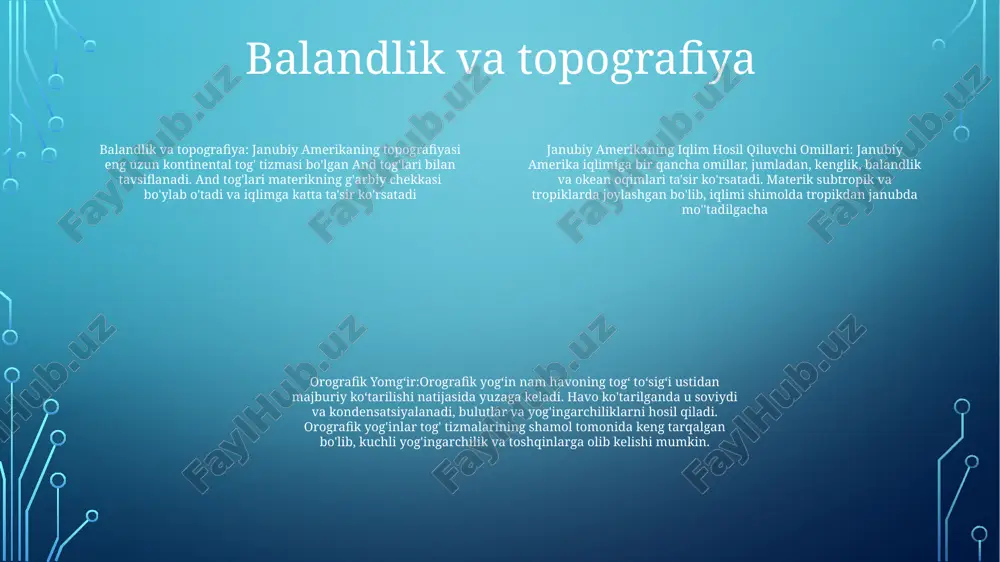 keltirib chiqaradi. iqlim o'zgarishi bu bo'ronlarning chastotasi va intensivligini kuchaytiradi. el nino-janubiy tebranish (enso) el-ninyo-janubiy tebranish (enso) - tinch okeani va uning atrofidagi mintaqalarda harorat va yog'ingarchilik naqshlarining o'zgarishini tavsiflovchi iqlim hodisasi. el-ninyo hodisasi paytida tinch okeanining markaziy va sharqiy tropik qismida okean harorati g'ayrioddiy iliq bo'ladi, tinch okeanining g'arbiy qismida esa sovuqroq bo'ladi. haroratning bunday o'zgarishi butun dunyo bo'ylab ob-havo sharoitlariga sezilarli ta'sir ko'rsatishi mumkin. janubiy amerikada el nino hodisalari odatda shimoliy va markaziy hududlarda yog'ingarchilikning ko'payishi, janubiy va sharqiy mintaqalarda qurg'oqchilik bilan bog'liq. amazon havzasi amazon havzasi: biologik xilma-xillik nuqtasi - amazon havzasida hayratlanarli darajada o'simlik va hayvonot dunyosi mavjud. - hisob-kitoblarga ko'ra, havzada 40 000 dan ortiq o'simlik turlari, 3 000 baliq turlari, 1 300 qushlar va 427 sut emizuvchilar turlari mavjud amazon havzasi: dunyodagi eng katta yomg'irli o'rmon - 5,5 million kvadrat kilometrdan ortiq maydonni egallagan amazon havzasi yerdagi eng katta yomg'ir o'rmonidir.- bu erda dunyoga …