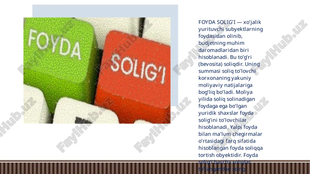 taqdim etish tartibi hisobot (soliq) davrining yakunlari bo‘yicha soliq summasi soliq to‘lovchi tomonidan mustaqil ravishda aniqlanadi. soliq kodeksi 339-modda soliq hisoboti quyidagi muddatlarda taqdim etiladi: soliq kodeksi 339-modda hisobot davri yakunlari bo‘yicha — hisobot davridan keyingi oyning yigirmanchi kunidan kechiktirmay; soliq davri yakunlari bo‘yicha — soliq davri o‘tgandan keyingi yilning 1-martidan kechiktirmay. soliq kodeksi 340-modda soliqlarni toʻlash tartibi soliqni to‘lash hisobot (soliq) davri yakunlari bo‘yicha, tegishli hisobot (soliq) davri uchun soliq hisobotini taqdim etish muddatlaridan kechiktirmay amalga oshiriladi. jami daromadi joriy soliq davridan oldingi soliq davri uchun kiritilgan tuzatishlar hisobga olingan holda besh milliard so‘mdan oshadigan soliq to‘lovchilar hisoblab chiqarilgan har oylik bo‘nak to‘lovlarini hisobot davri har bir oyining yigirma uchinchi kunidan kechiktirmay to‘laydi. hisoblab chiqarilgan har oylik bo‘nak to‘lovining summasi manfiy yoki nolga teng bo‘lsa, ko‘rsatilgan to‘lovlar tegishli chorakda amalga oshirilmaydi. bo‘lish yoki ajratib chiqarish yo‘li bilan qayta tashkil etish natijasida yangidan tashkil etilgan yuridik shaxs, jami daromadining miqdoridan …