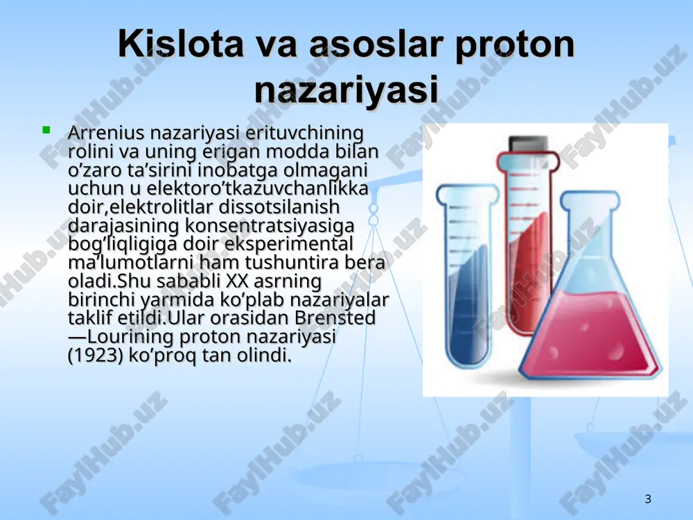 riyasiga ko’ra, moddalarning kislota – asoslik xossalari ularning tarkibidagi vodorod yoki kislorodning bo’lishiga, erituvchining ta’siriga emas, balki moddalarning tuzilishiga bo’g’liqdir.