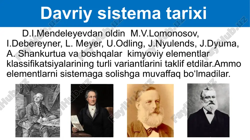 .odatda ,elementning eng yuqori musbat oksidlanish darajasi gruppa raqamiga teng.ftor bundan mustasno,uning oksidlanish darajasi -1 ga teng. cu, ag,au +1,+2,+3 oksidlanish darajalarini namoyon qiladi. osmiy, ruteniy va ksenon +8 oksidlanish darajalarini namoyon qiladi. 1962 yilda nodir gazning birinchi kimyoviy birikmasi –ksenon tetraftorid xef4 olindi. hozirgi paytda nodir elementlar kimyosi jadal rivojlanmoqda i ii iii iv v vi vii viii ii +1 li2o +2 beo +3 b2o3 +4 co2 +5 n2o5 iii +1 na2o +2 mgo +3 al2o3 +4 sio2 +5 p2o5 +6 so3 +7 cl2o7 davrlar guruhlar elementlarning kislorodli birikmalarida valentligi i ii iii iv v vi vii viii ii li2o beo b2o3 co2 n2o5 lioh be(oh)2 h3bo3 h2co3 hno3 asoslar o‘zgaruvchan kislotali iii na₂o mgo al₂o₃ sio₂ p₂o₅ so₃ cl₂o₇ naoh mg(oh)₂ al(oh)₃ h₂sio₃ h₃po₄ h₂so₄ hclo₄ asosli o‘zgaruvchan kislotali elementlar xossalarining o’zgarishi i ii iii iv v vi vii viii ii -4 ch4 -3 nh3 -2 h2o -1 …
