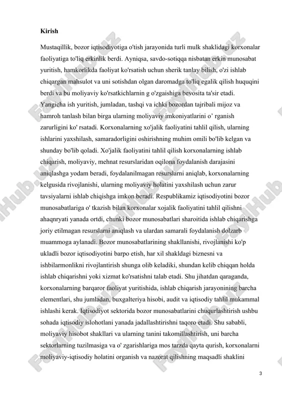 hiqilgan va muammolar yechilgan ittifoqdosh respublikalarga foydalanish uchun jo'natilgan. sobiq ittifoqning parchalanishi tufayli ittifoqdosh respublikalar mustaqil davlatlarga aylandi, ulardan har bittasi bozor munosabatlariga o'tish uchun o'z yo'lini tanlab, ijtimoiy-iqtisodiy rivojlanishni davom ettirib, bozor iqtisodiyotini shakllantirmoqda. ular orasida o'zbekiston ham o'zining bozor iqtisodiyotiga o'tish modelini ishlab chiqib, xalq xo'jaligini bozor munosaballari sharoitida rivojlantirgan holda ijobiy natijalarni qo'lga kiritib kelmoqda. respublikada amalga oshirilayotgan iqtisodiy islohotlarni huquqiy bazasini tashkil qiluvchi respublika qonunlari, prezident farmonlari va qarorlari hamda vazirlar mahkamasining yuzlab qarorlari qabul qilindi va qabul qilinmoqda. respublikada amalga oshirilayotgan iqtisodiy islohotlarning eng asosiy yo'nalishlaridan biri - bu boshqaruv tizimini takomillashtirish hisoblanadi. bu masalani ijobiy hal etishda korxonalarning xo'jalik faoliyati va moliyaviy holatini tahlil qilish muhim rol o'ynaydi, chunki korxonalar faoliyatini tahlil qilish boshqaruv tizimi samaradorligini oshirishning muhim sharti hisoblanadi. bozor munosabatlari davrida bu shartning asosiy qismi korxonalar moliyaviy holatining tahlili hisoblanadi. respublikada yangi moliyaviy hisobot shakllari qabul qilindi, ularni o'rganish va ulardan keng …