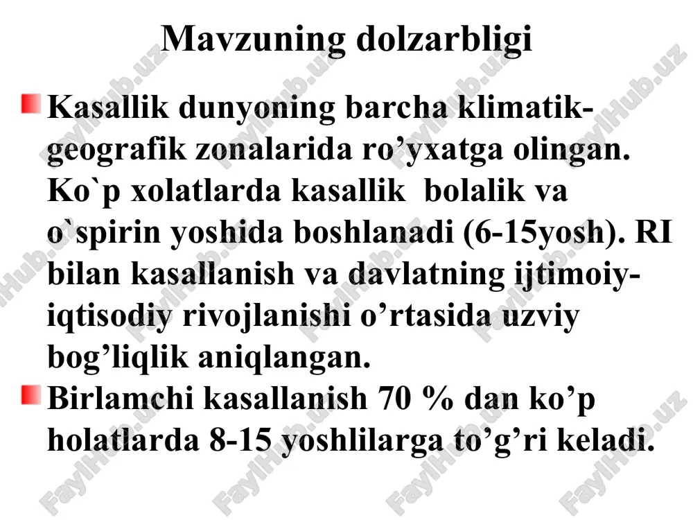 i. bular m-protein, peptidoglikan, streptolizin – o va s, gialuronidaza, streptoki-naza, dezoksiribonukleaza va boshq. strepto-kokk va miokard to’qimalari o’rtasida o’zaro immunologik bog’liqlik mavjud. streptokokk toksinlari yurak-qon tomir tizimi va biriktiruvchi to’qimada yallig’lanish chaqiradi. streptokokk va yurak o’rtasidagi antigen o’xshashlik autoimmun mexanizm rivojlanishiga – miokard va biriktiruvchi to’qimaga nisbatan autoantitanalar ishlab chiqarilishiga olib keladi. gumoral va hujayraviy immunitet buzilishi asl-o, asg, ask, disimmuniglobulinemiya, b-limfositlar miqdori oshishi va t- limfositlar miqdori kamayishi bilan ifodalanadi, bazofillar faoliyati buziladi, gistamin, serotonin, bradikinin kabi yallig’lanish mediatorlari ishlab chiqariladi. immun yallig’lanish jarayoni biriktiruvchi to’qimani zararlaydi. o’ri rivojlanishi quyidagi omillar bilan aniqlanadi: • miokardning a guruhdagi β-gemolitik streptokokkning «kardiotrop» fermentlari bilan to’g’ridan-to’g’ri toksik zararlanishi (o va s streptolizinlar, streptokinaza va gialuronidaza, dezoksiribonukleaza b va boshq.); • streptokokklarga qarshi antitanalar (antistreptolizin-o (asl-o), antistreptogialuronidaza (asg), antistreptokinaza (ask), antidezoksiribonukleaza b (anti-dnkaza b) yuqori titrlarda) ishlab chiqarilishiga olib keluvchi a guruhdagi β-gemolitik streptokokkning makroorganizm to’qimalari antigenlari bilan kesishib ta’sirlanuvchi antigenlariga qarshi …