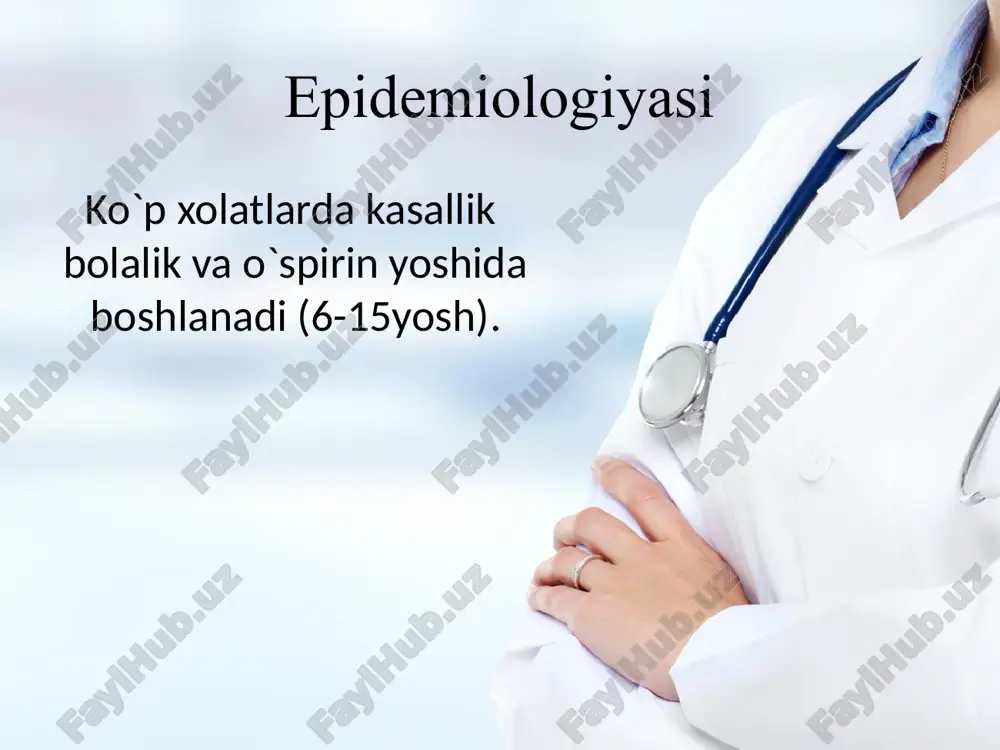 lashishi, asosan i daraja; qorinchalar repolarizatsiyasining buzilishi; elektr sistolasining uzayishi exokg belgilar: yurak hajmining oshishi; mitral yoki aortal regurgitatsiya klinik ko'rinishlar revmatik poliartrit bir bo'g'imdan boshqasiga tez tarqalishi ("o'zgaruvchanlik"). nosimmetrik oligoartrit (kamroq - monoartrit) katta juftlashgan bo'g'iьlar (tizza, to'piq, kamroq - tirsak, elka, bilak). revmatik xorea (kichik xorea, sidengam xoreyasi) xoreik giperkinez; mushak gipotoniyasi statik va muvofiqlashtirish buzilishi; qon tomir distoniyasi; psixo-emotsional buzilishlar klinik ko'rinishlar halqasimon eritema klinik ko'rinishlar och pushti halqa shaklidagi toshmalar; diametri - bir necha mm dan 5-10 sm gacha. asosiy joylashuvi tananing orqa qismida va muchchalarning proksimal qismlarida (lekin yuzida emas). teri osti revmatik tugunlari klinik ko'rinishlar har xil o'lchamdagi dumaloq zich, harakatsiz, og'riqsiz shakllar (bir necha mm dan 2 sm gacha) joylashishi - bo'g'imlarning bukuvchi yuzasida, to'piqlar sohasida, axil paylari, umurtqalarning o’tkir o’siqlari, ensa sohasida uchraydi. rivojlanish sikli - 2 haftadan 1 oygacha diagnostika laborator tekshirishlar tomoq surtmasini bakteriologik tekshirish (natijalar odatda o’ri rivojlanishi vaqtida …