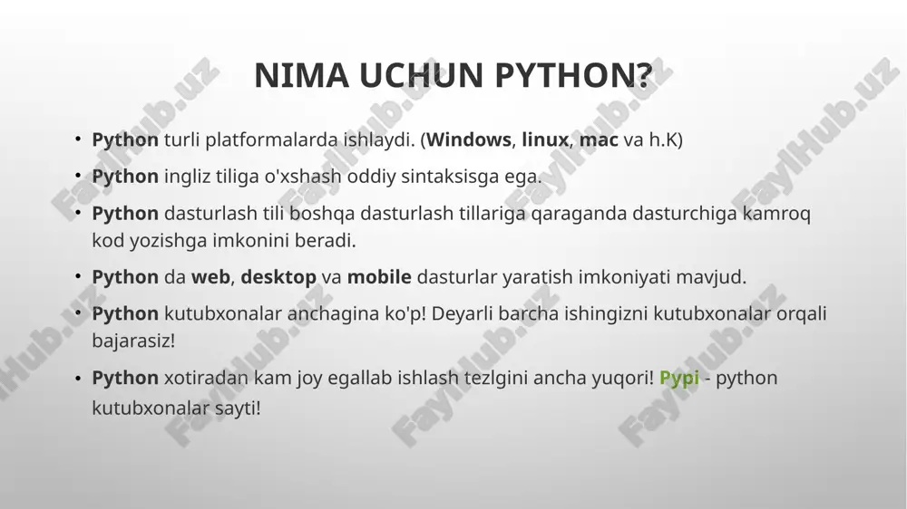 ymiz. """ print(a) satrlar massiv hisoblanadi. boshqa ko'plab dasturlash tillari singari python dasturlash tilida satrlar ifodalashda baytlardan iborat hisoblanadi. biroq python dasturlash tilida belgilar bo'yicha ma'lumot turlari mavjud emas, bitta belgini uzunligini shunchaki 1 deb qabul qilasiz. [] kvadrat qavs ichida ma'lumotlar ifodalanadi. satrni ma'lum bir qismini qirqib olish va uni biron bir o'zgaruvchiga yuklash uchun yoki bo'lmasam ekranga chop qilish uchun kvadrat qavs ichiga boshlanishi va tugashini yozamiz va ikkitali nuqta orqali bir biridan ajratiladi. [boshl ash: tugatish] qator uzunligini olish uchun len() funksiyasidan foydalaniladi satrni barcha elementlarini katta qillish uchun upper() funksiyasidan foydalaniladi image2.png image4.png image5.png image6.png image7.png image8.png image9.png image10.png image11.png image12.png image13.png image14.png image15.png image16.png image17.png image18.png image19.png image20.png image21.png image1.png /docprops/thumbnail.jpeg