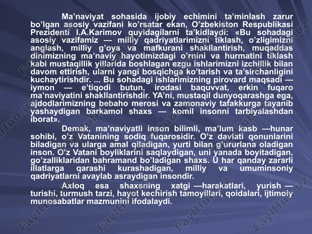 lanishi va boshqalardan iborat. ma’naviy — axloqiy tarbiyada yana bir eng qimmatli qadriyat erkinlikdir. ta’limni demokratlashtirish bilan birga shaxs erki va huquqini hurmat qilish rivojlanadi. jamiyatda kechayotgan ijtimoiy islohotlarning samaradorligi uning fuqarolari ega bo’lgan ma’naviyatga bog’liq. shu bois mustaqillikning dastlabki yillarida o’zbekiston respublikasi prezidenti i.a.karimov jamiyat rivojlanishining ma’naviy — axloqiy negizlarini aniq belgilab berdi. bular: -umuminsoniy qadriyatlarga sodiqlik; -xalqimizning ma’naviy merosini mustahkamlash va rivojlantirish; -insonning o’z imkoniyatlarini erkin namoyon qilishi; -vatanparvarlik. zero, jamiyat rivojlanishi faqat uning iqtisodiy taraqqiyotinigina emas, balki ma’naviy yuksalishini ham taqozo etadi. ma’naviyatni 2 ta bo’limga ajratish mumkin: biri jahon umuminsoniy ma’naviyat, ikkinchisi esa, milliy ma’naviyat. buyuk olim aristotel (arastu) o’zining «mantiq» ("logika" asarida ma’na-viyat tushunchasini shunday ta’riflaydi: «ma’naviyat, - juda keng tushuncha bo’lib, yuz yuvishdan tortib, inson tafakkurining eng yuqori cho’qqisigacha shu tushunchaga kiradi». fanda ma’naviyat tu­shunchasi bilan birga axloq - odob tushunchasi ham ishlatiladi «axloq yoki odob deb - mazkur jamiyat uchun xarakterli bo’lgan hamda …