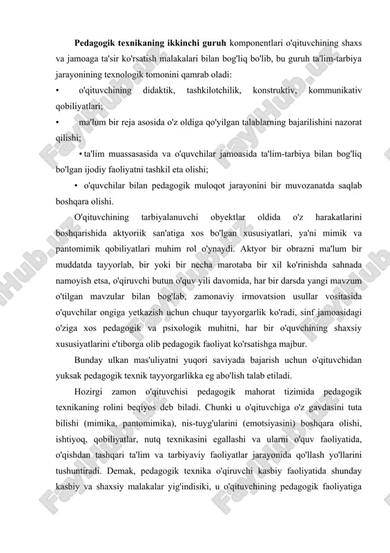 gallashi va ularni o'quv faoliyatida, o'qishdan tashqari ta'lim va tarbiyaviy faoliyatlar jarayonida qo'llash yo'llarini tushuntiradi. demak, pedagogik texnika o'qiruvchi kasbiy faoliyatida shunday kasbiy va shaxsiy malakalar yig'indisiki, u o'qituvchining pedagogik faoliyatiga ta'sir ko'rsatishi, ta'lim-tarbiya jarayonini tashkil qilish va boshqarish ishlarida asosiy yo'l ko'rsatuvchi bo'lib xizmat qiladi. ilg'or va novator o'qituvchi laming texnik mahorati pedagogik faoliyat olib borishlarida mimik va pantomimik harakatlarida, ovozini idora qila olish xususiyatlarida kuzatiladi. bu shundan dalolat beradiki, o'qituvchilar pedagogik texnika san'atini mukammal egallaganlar, uning ko'nikma va malakalarini o'zlarida aniq shakllantirishganva turli pedagogik vaziyatlarda qo'llay olish qobiliyatlariga egadirlar. pedagogikada o'qituvchi chuqur hissiyotga berilishini, shaxsiy hayotidagi turli rahiy vaziyatlar tufayli kayflarining o'zgarib turishini o'zi qattiq nazorat qilish talab qilinadi. ushbu nazoratni o'qituvchining o'zi boshqarishi lozim. bu jarayonning ijobiy natijalari o'qituvchining refleksiv qobiliyatlarida namoyon bo'ladi. pedagogik texnikaning yana bir muhim xususiyati pedagogik ta'sir ko'rsatishdagi o'qituvchining ma'naviy va estetik qiyofasi. bu tarbiyalanuvchilarga yaqqol namoyon bo'ladigan xususiyatdir. agar o'qituvchi ma'naviy qashshoq …